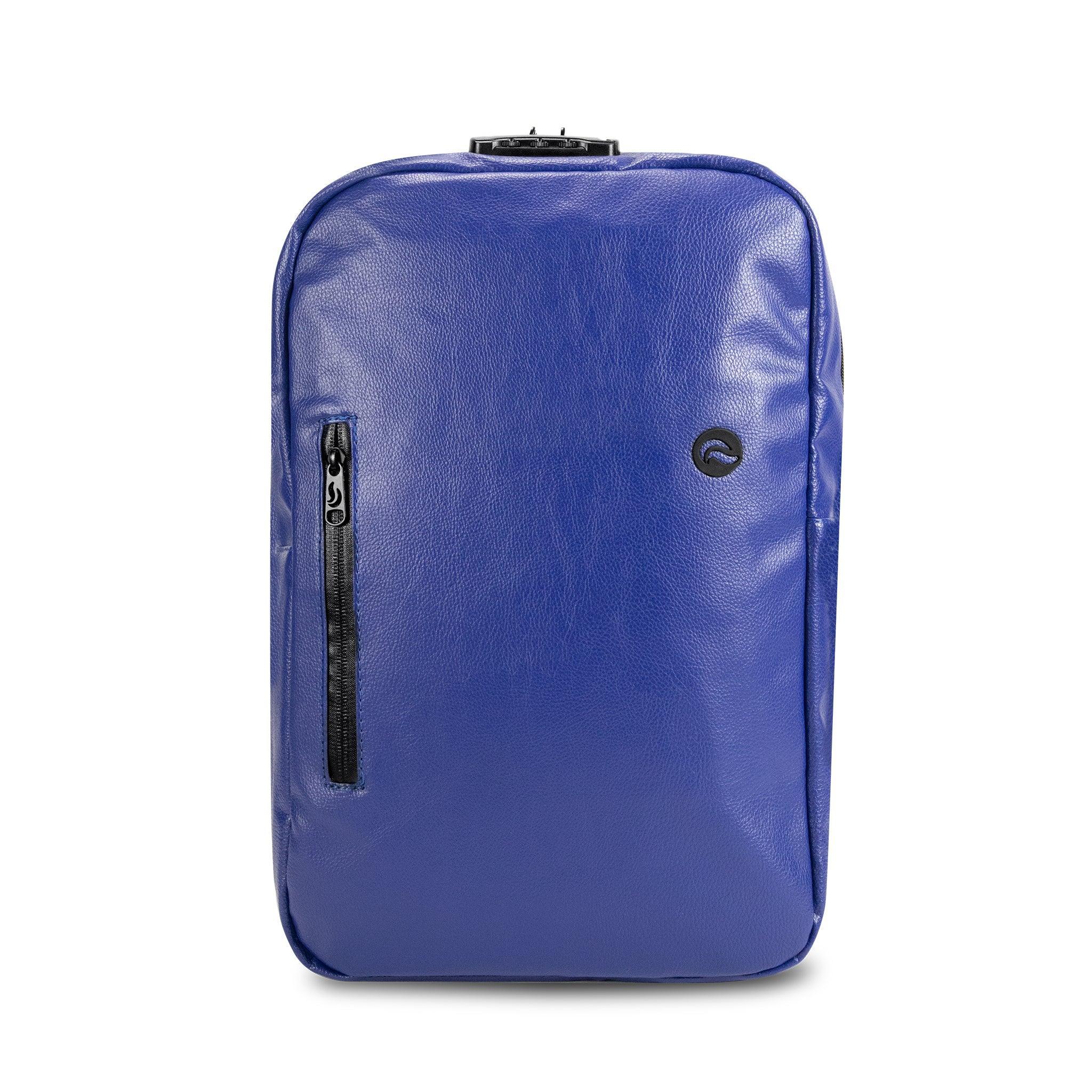 Front view of a blue leather backpack with vertical zipper pocket and lock