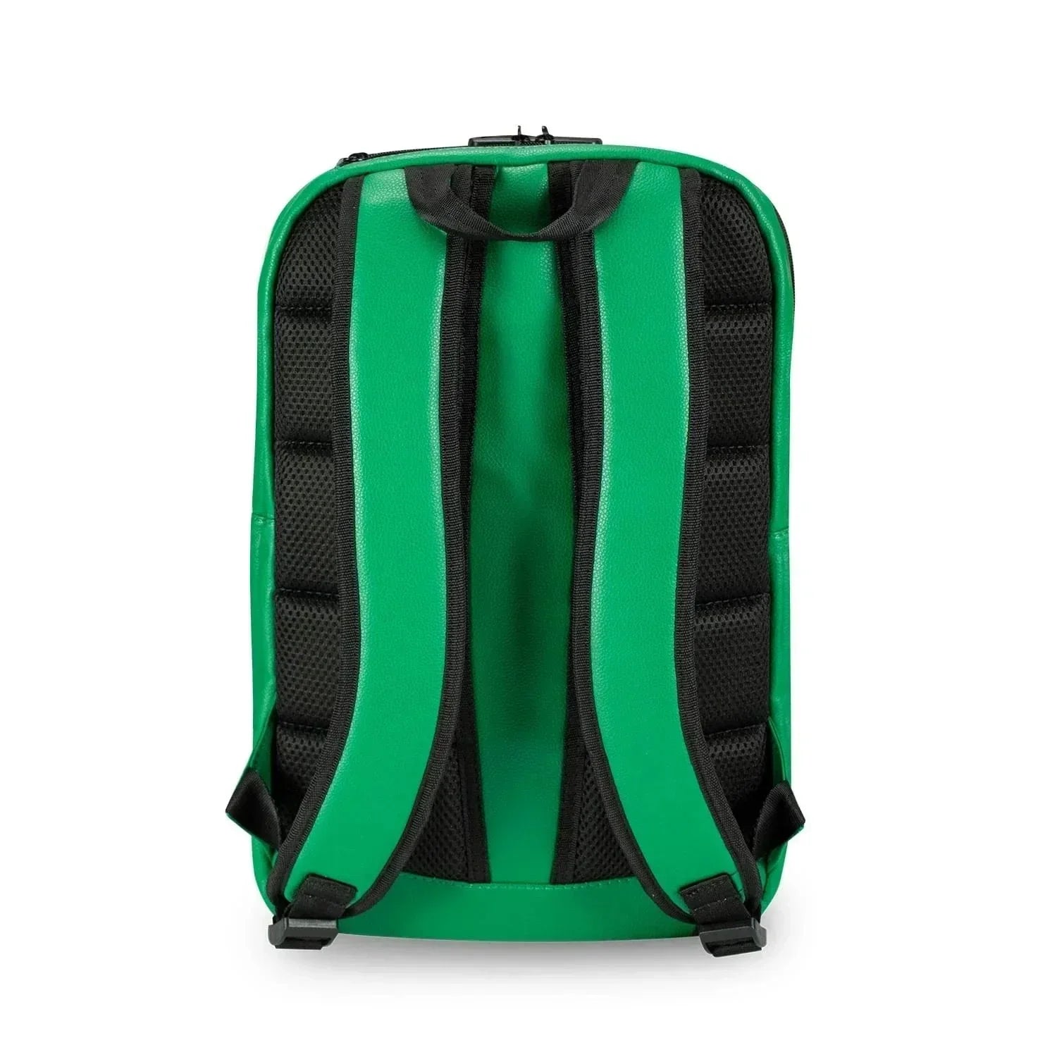 Green backpack with padded black straps and top handle, rear view
