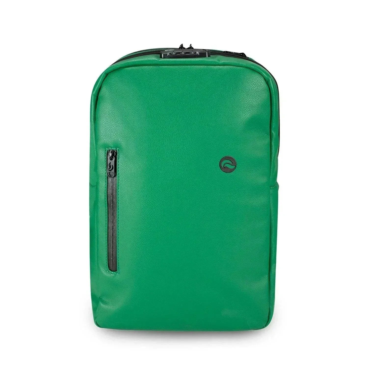 Green leather backpack with front zipper pocket and small logo, modern and sleek style