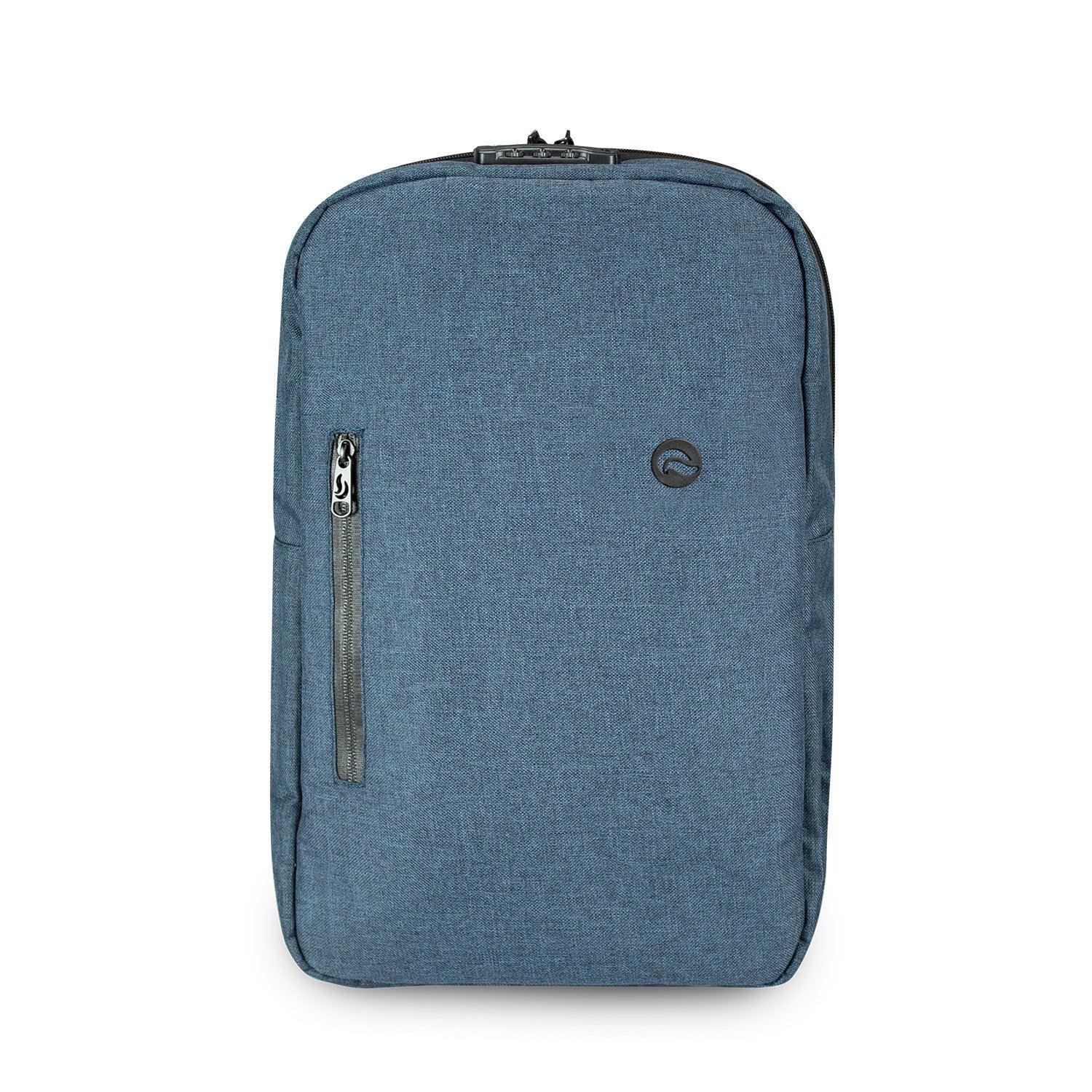 Navy blue minimalist backpack with front zip pocket and small circular logo