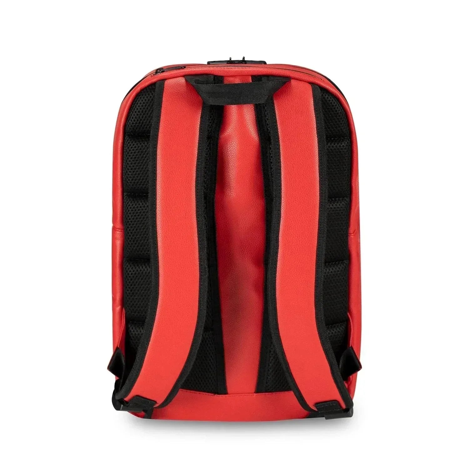 Red backpack with black padded shoulder straps, shown from the back on a white background.