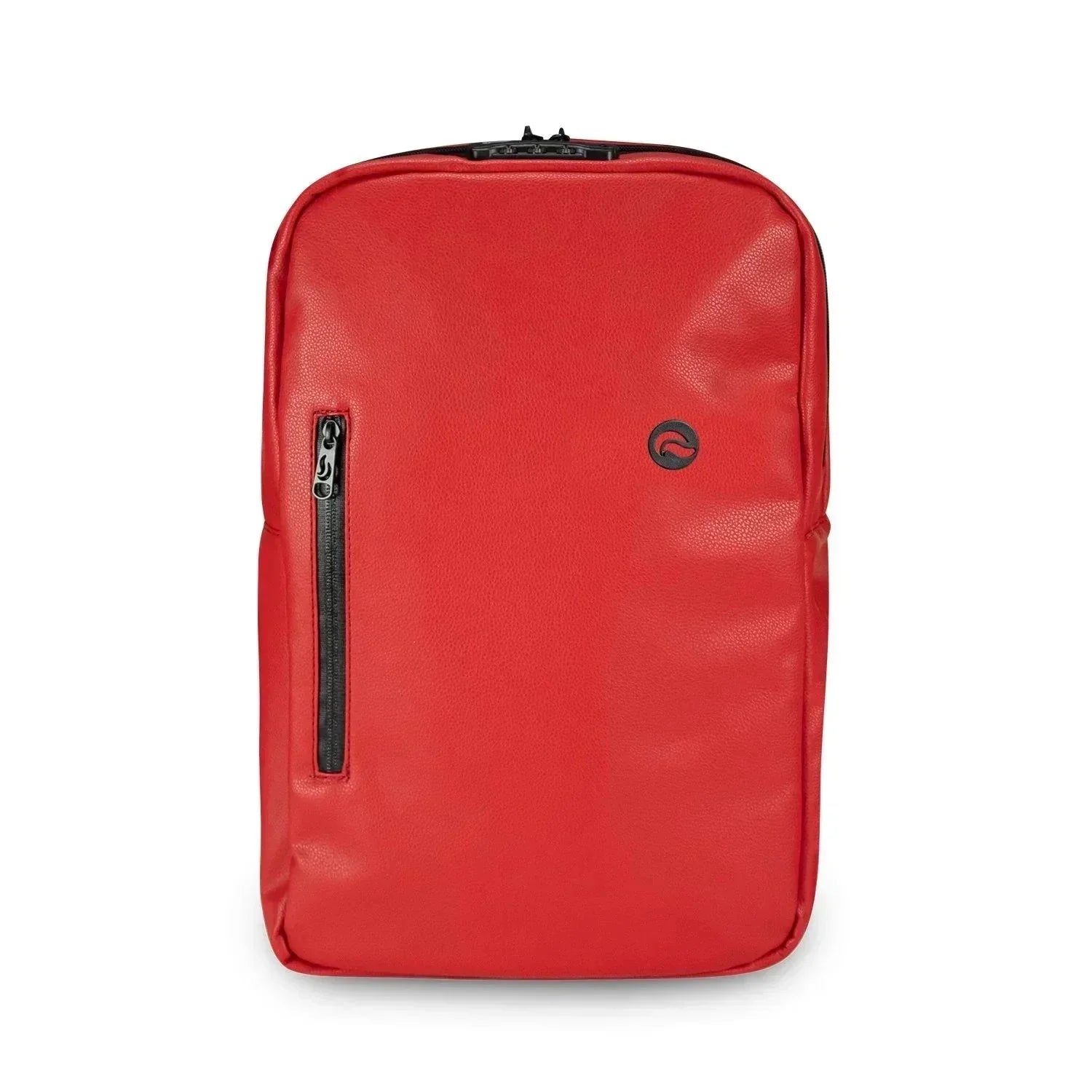 Red leather backpack with front zipper pocket and small black logo, minimalist design