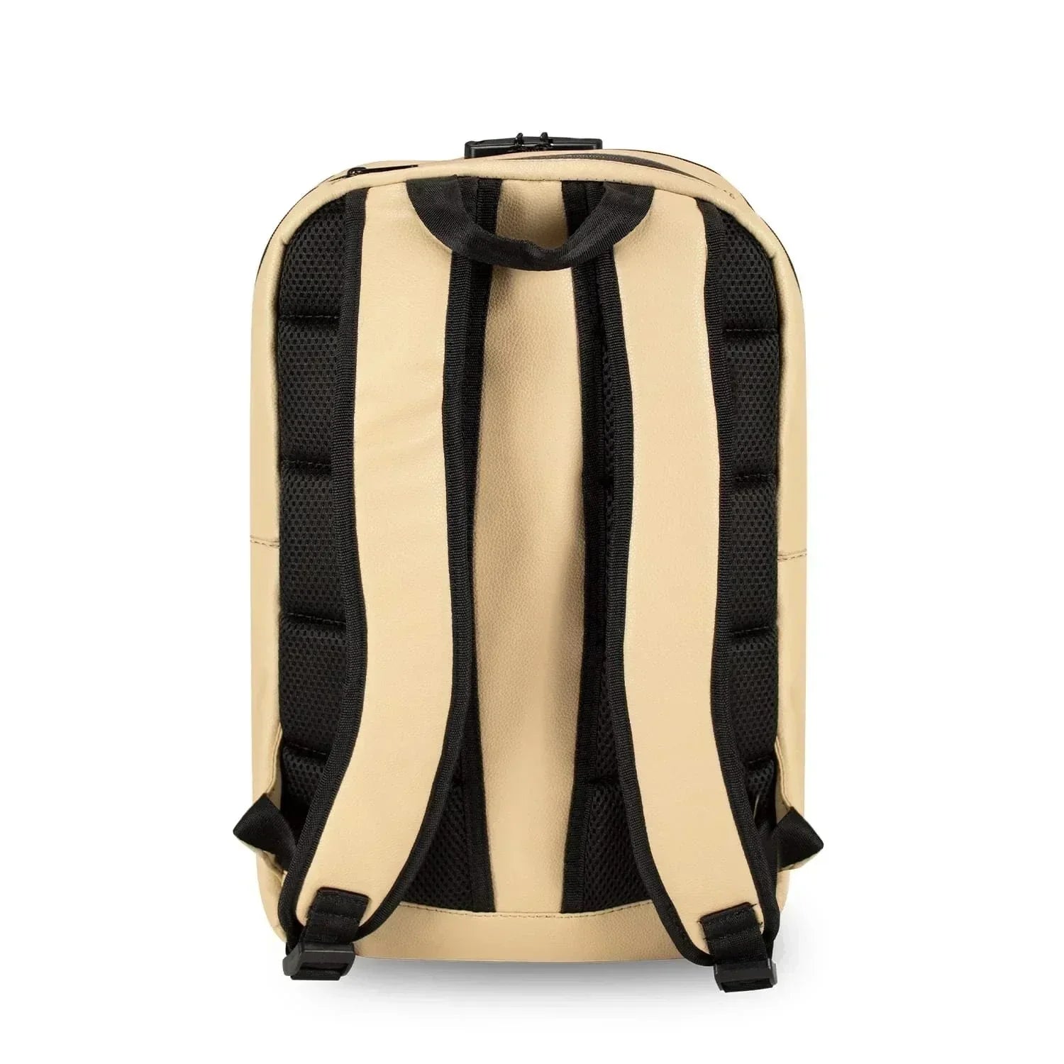 Tan backpack with padded black straps and handle, rear view, minimalist design
