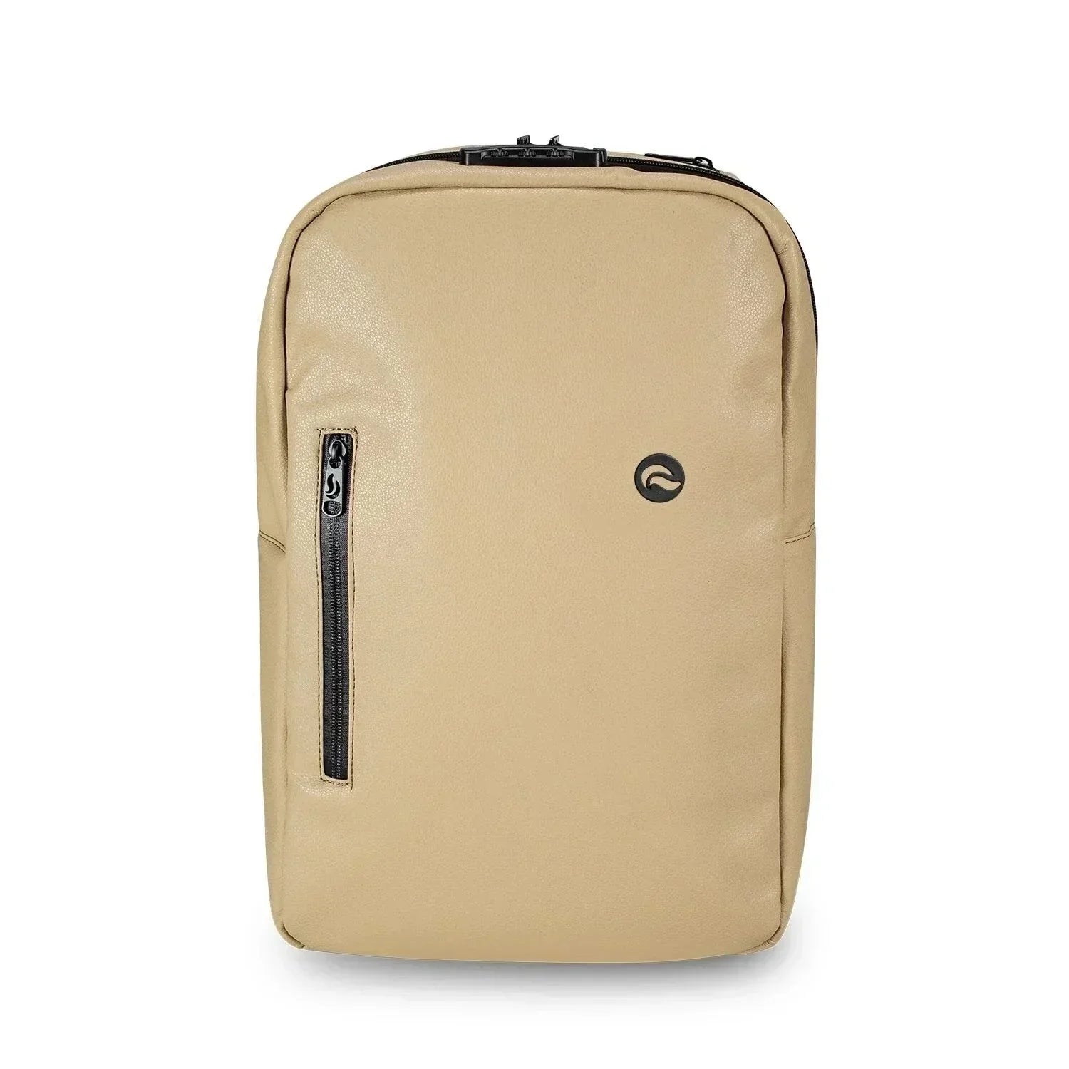 Tan leather backpack with front zipper pocket and minimalist design, odor proof accessory bag