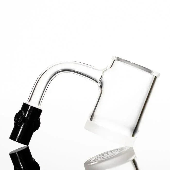 Clear glass smoking pipe with black mouthpiece, sleek design for vaporizers and heady glass collections