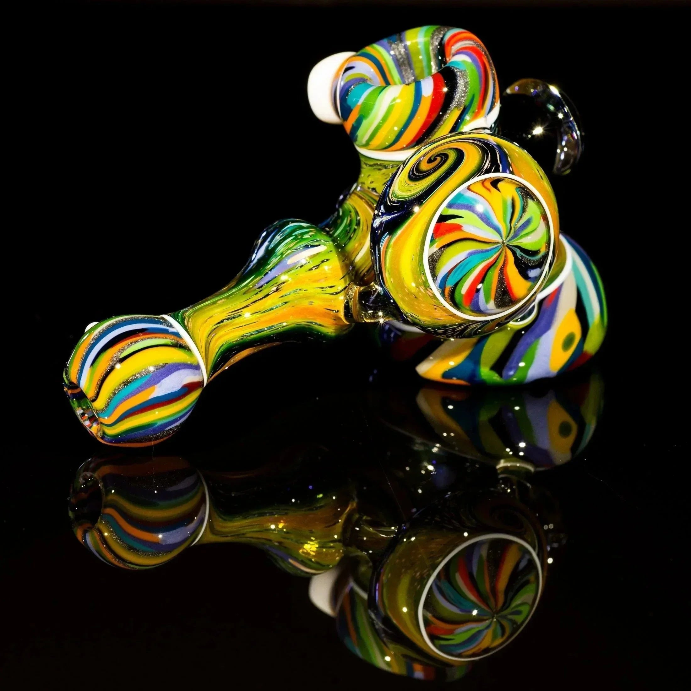 Vibrant rainbow swirl glass pipe with intricate patterns and reflective surface