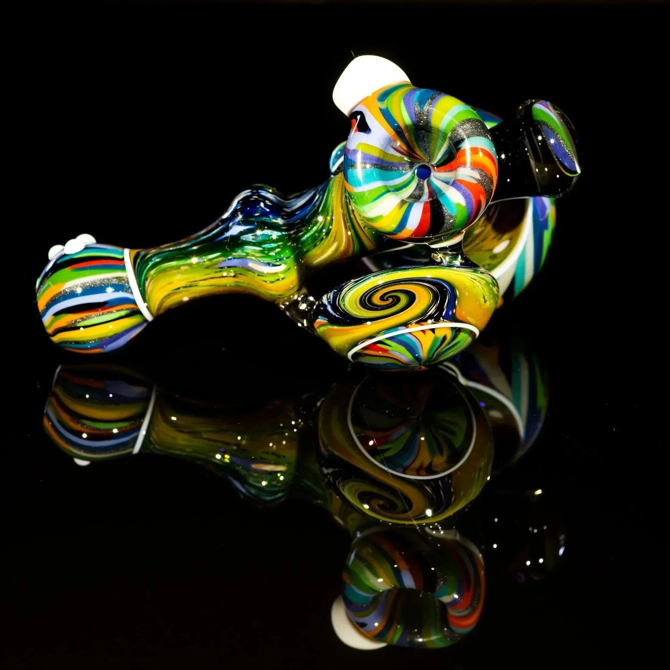 Vibrant multicolor glass pipe with swirling patterns and reflective surface