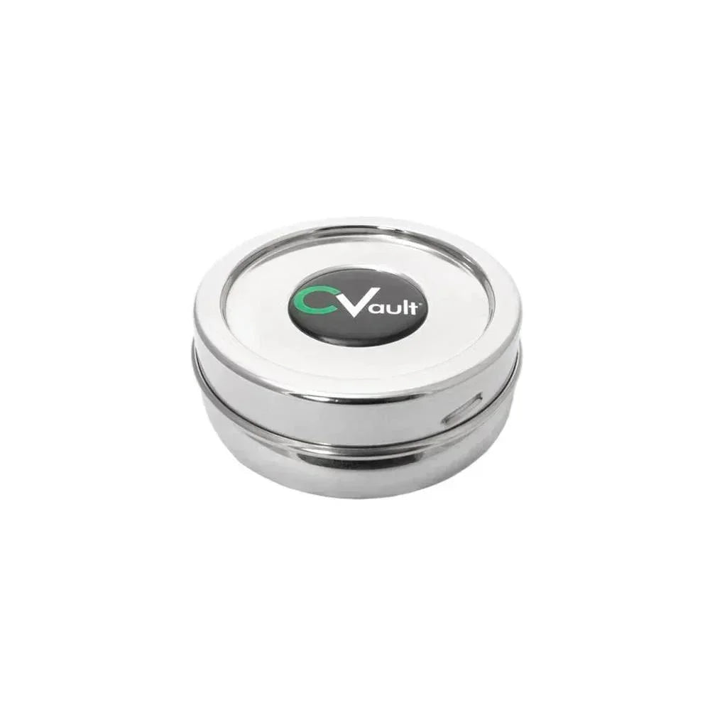 Small stainless steel CVault storage container with airtight lid on white background