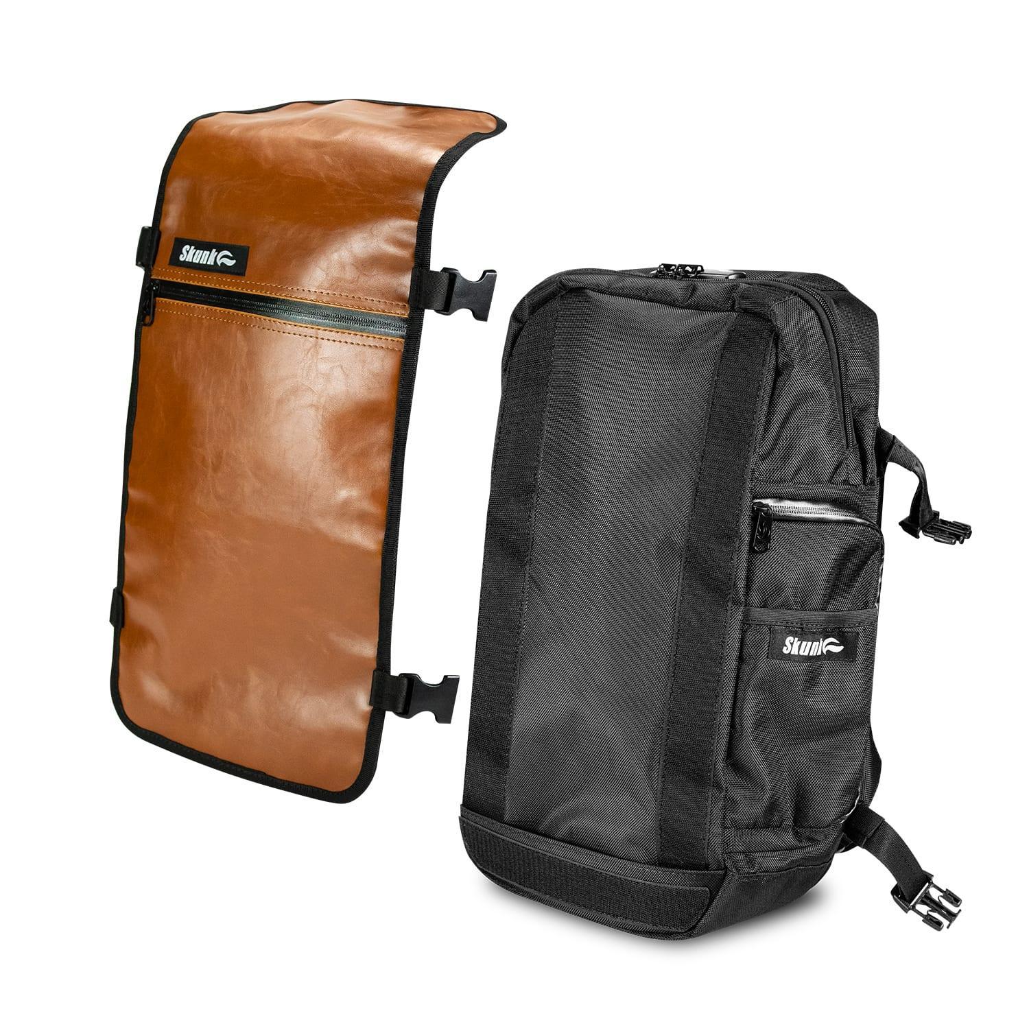 Black smell-proof backpack with brown protective flap, zippered pockets, and Skunk logo