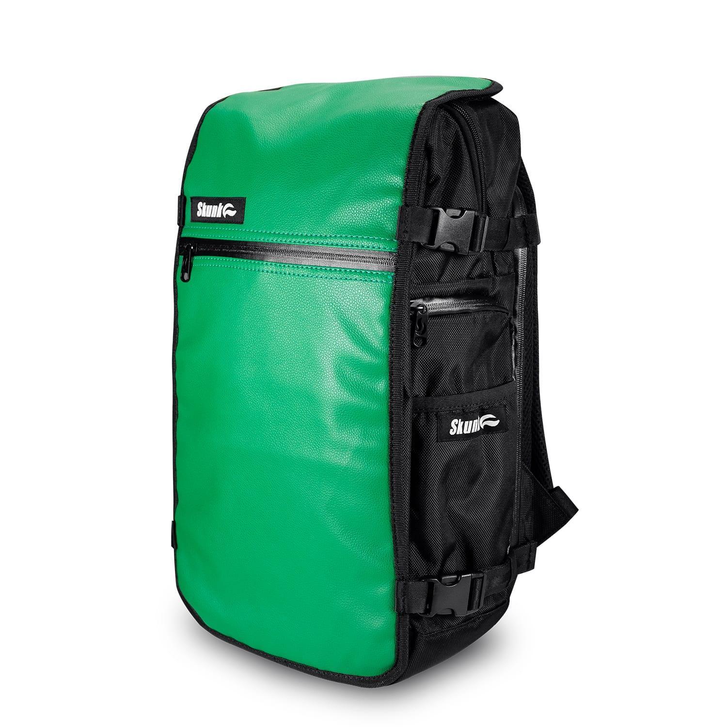 Green and black leather backpack with multiple zippered pockets, shown at an angle