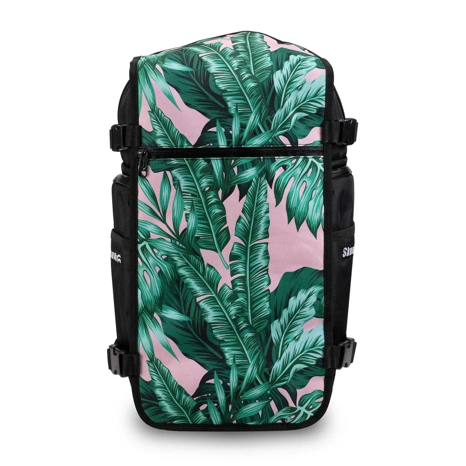 Tropical leaf print backpack with green palm leaves on a pink background, front view
