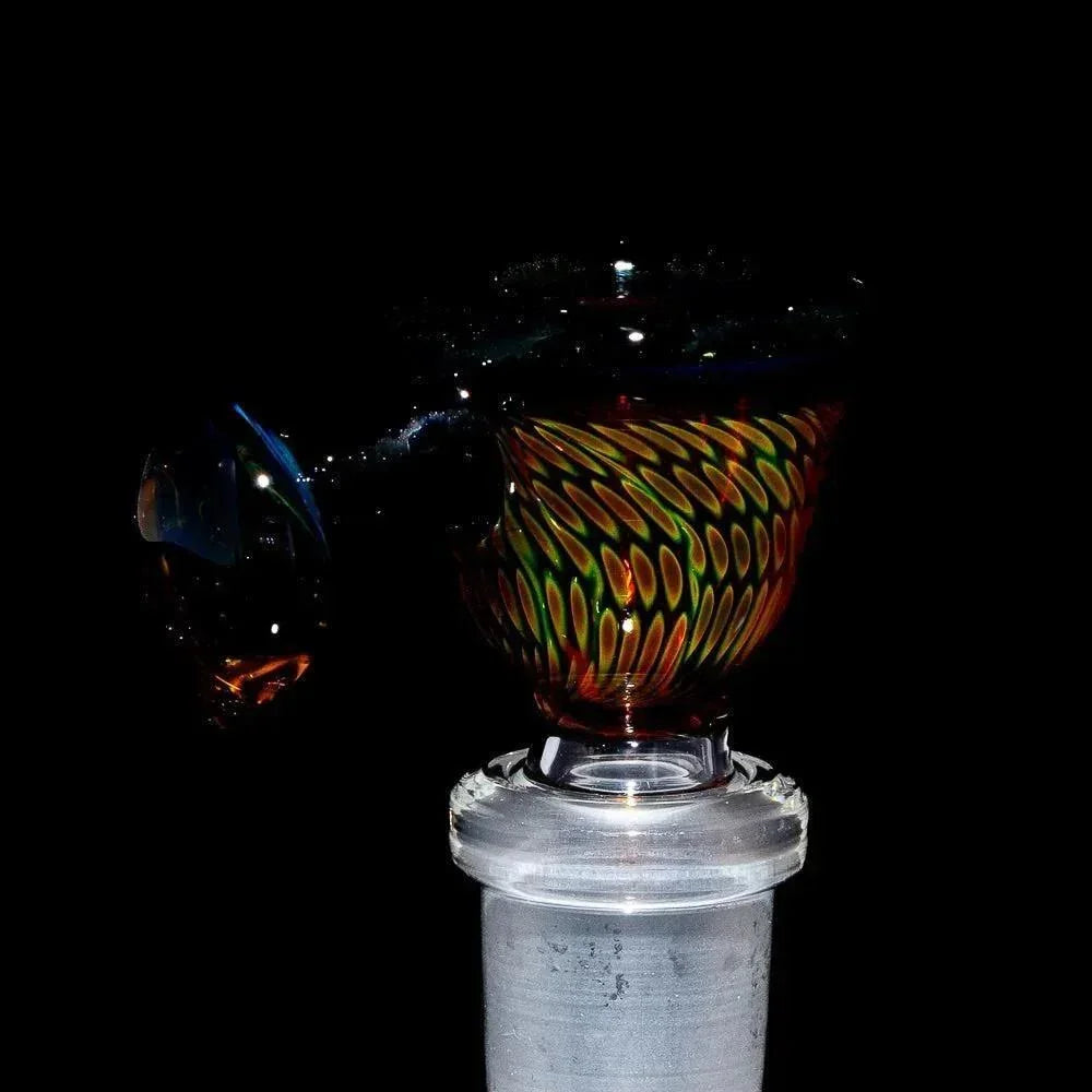 14mm glass bowl slide with colorful snakeskin pattern on black background