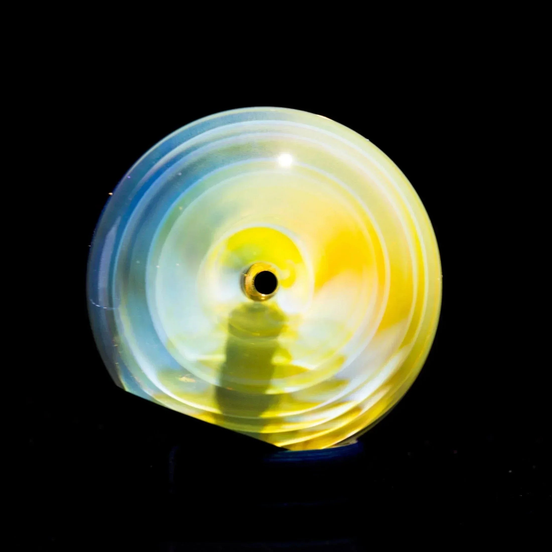 Vibrant yellow and blue spiral glass pipe with gold accent, heady glass art piece
