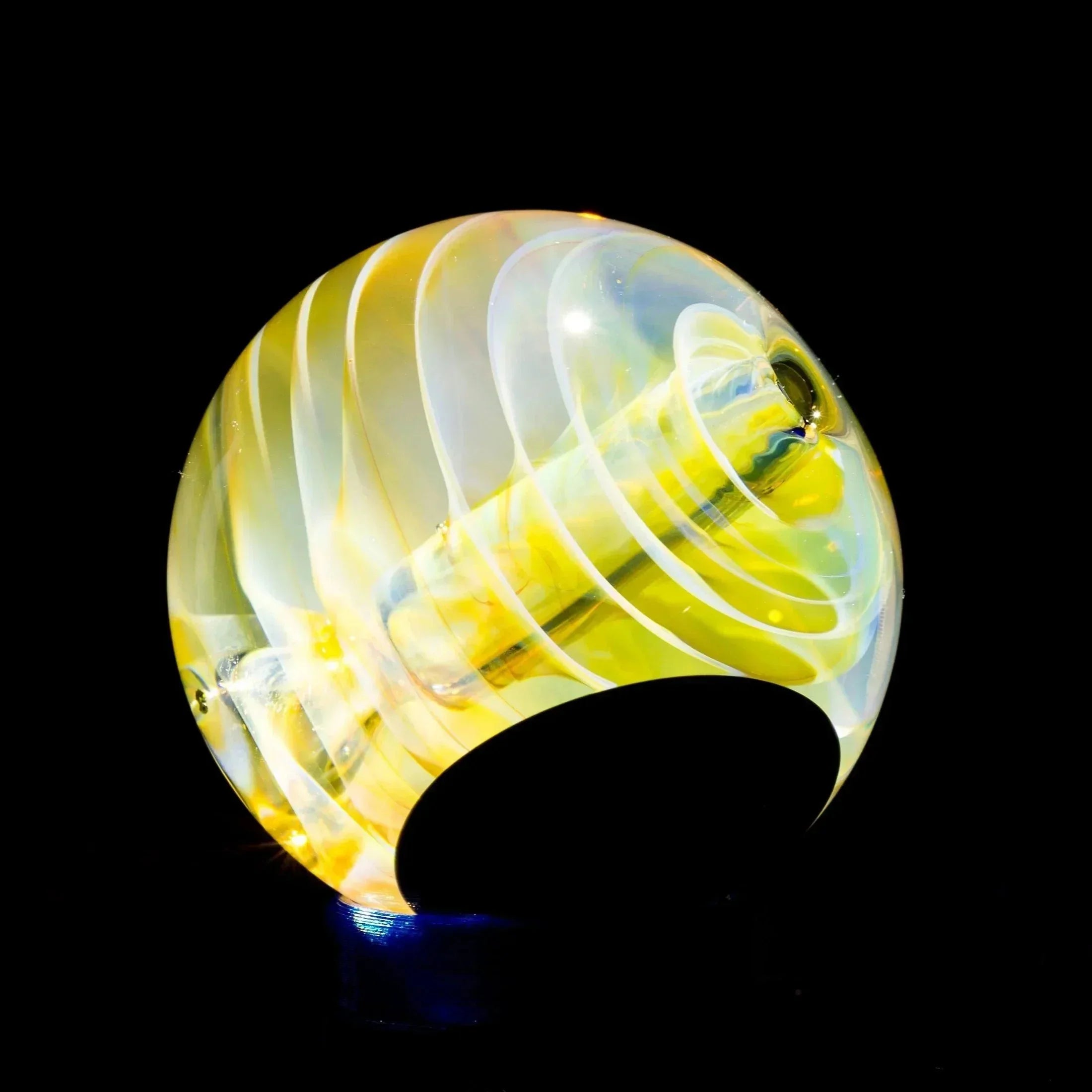 Handblown glass sphere with yellow and white swirls, artistic heady glass piece