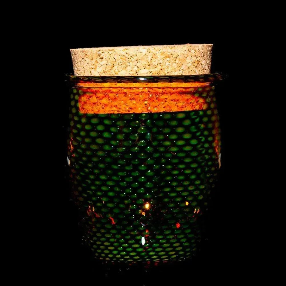 Green snakeskin glass jar with cork lid, art glass storage container