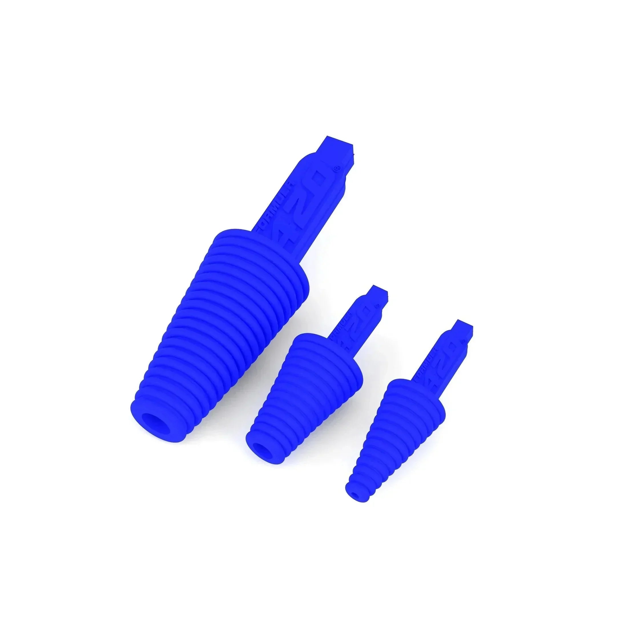 Set of three blue silicone cleaning plugs for glass pipes and water pipes