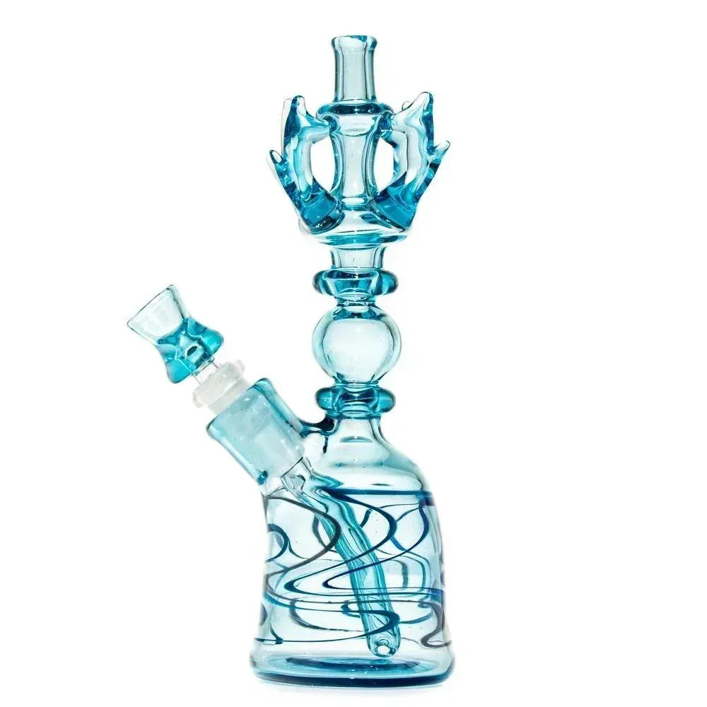 Blue glass water pipe with artistic swirling design and unique crown-shaped top on white background