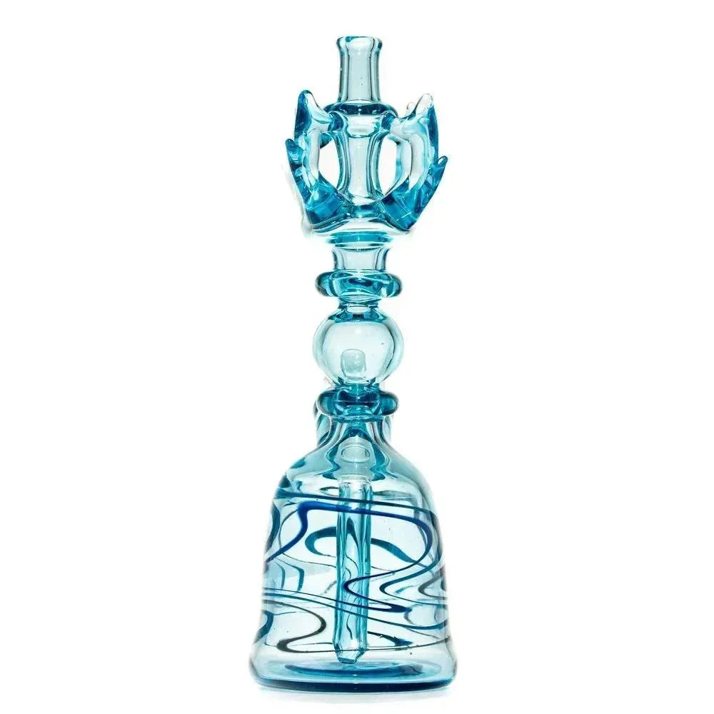 Blue artistic glass water pipe with intricate design and swirling patterns