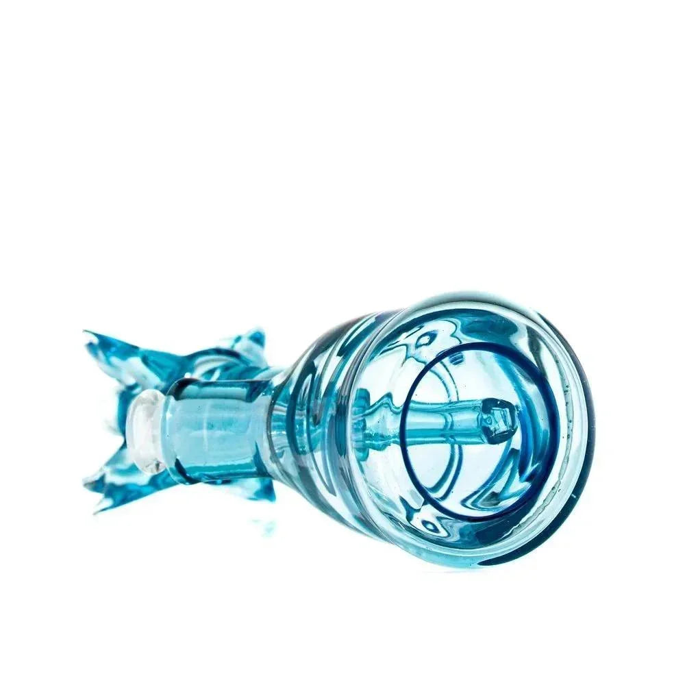 Blue glass smoking pipe with raindrop-shaped design and flared base on white background