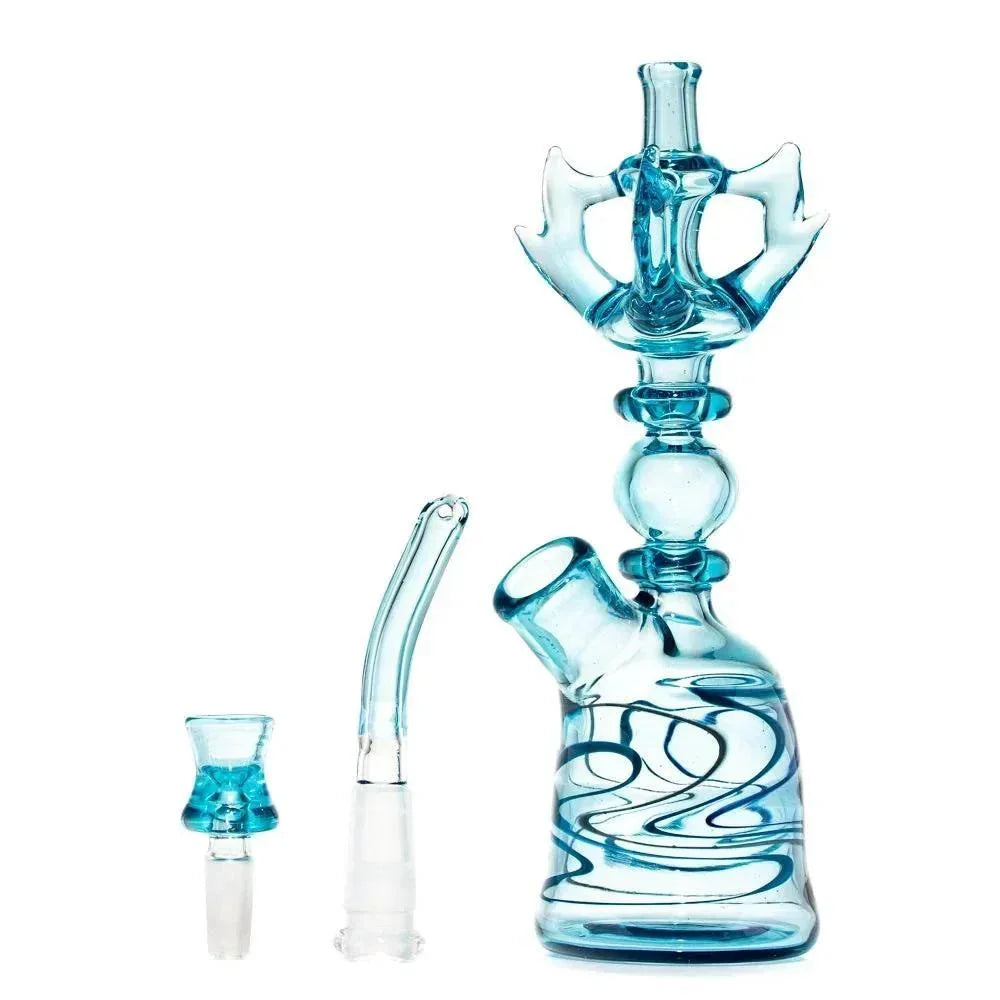 Blue glass water pipe with intricate design and matching accessories on white background.