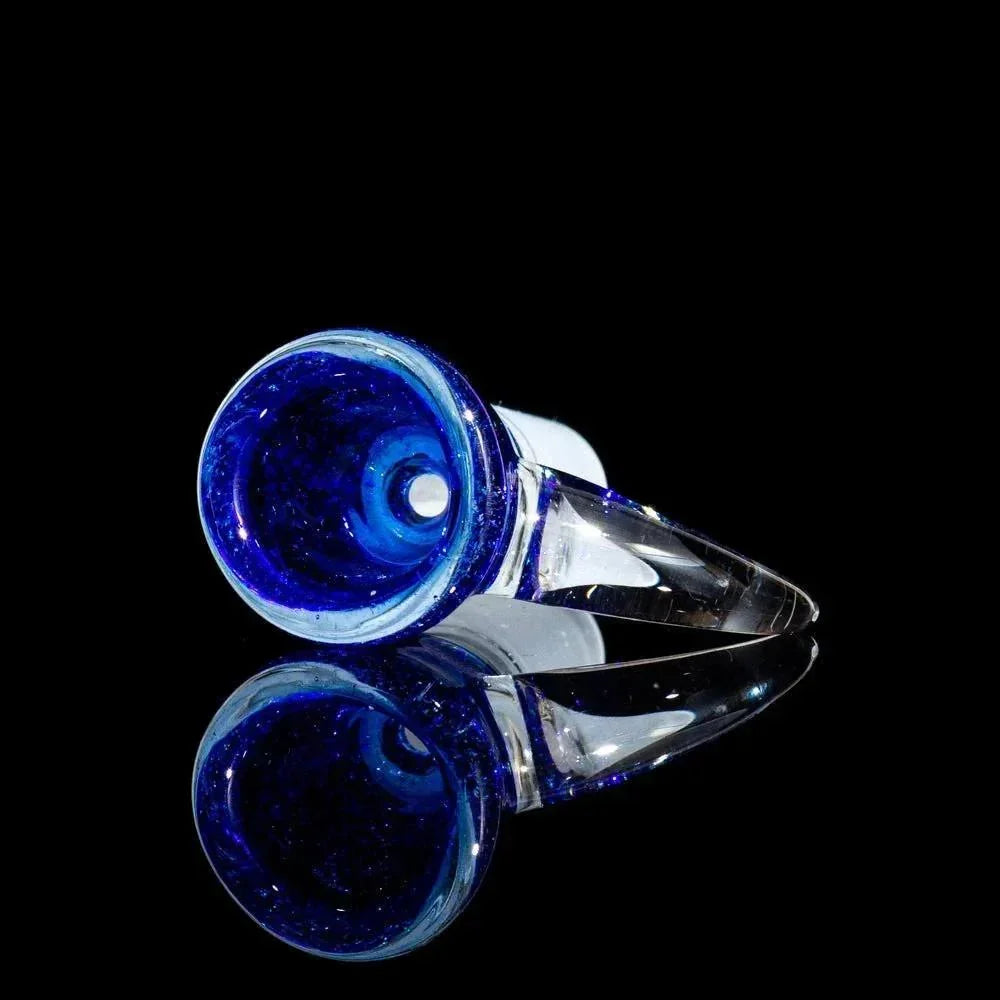 Blue dichro glass bowl with 14mm joint, reflective surface, clear and blue glass design
