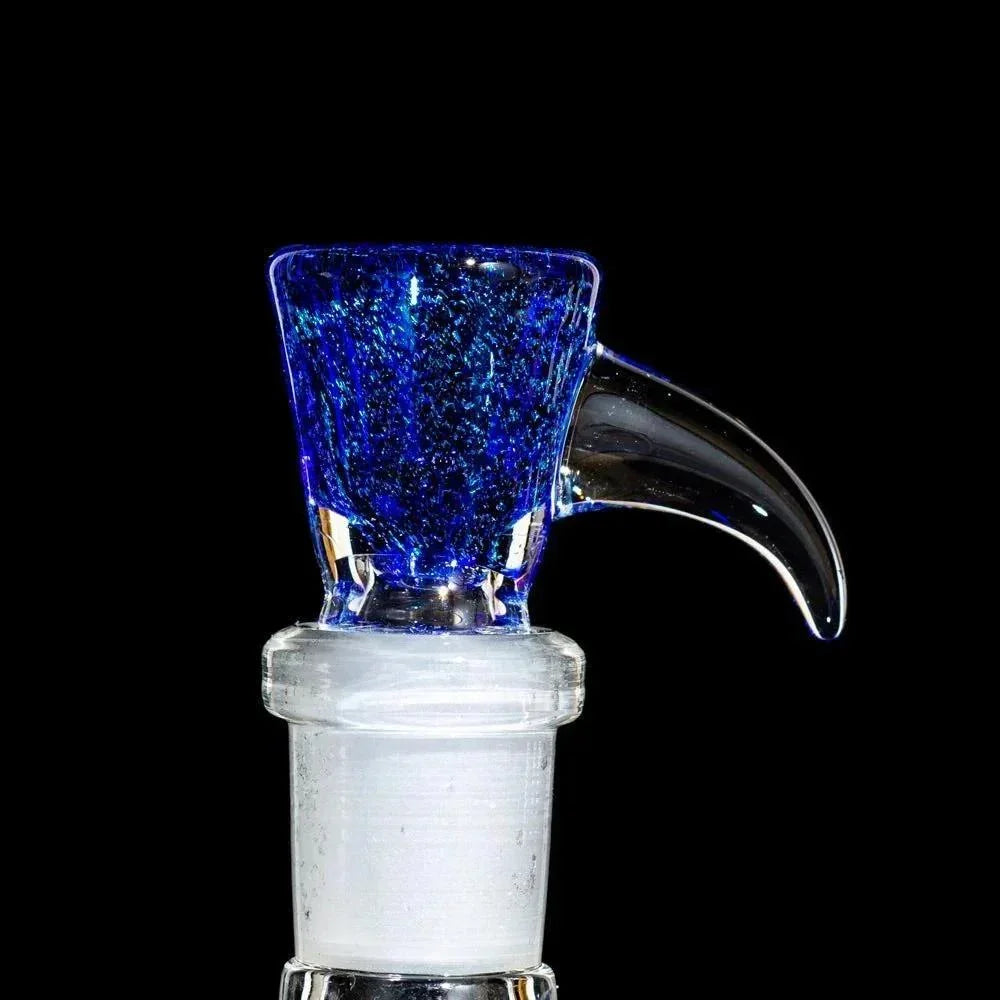 Blue dichroic glass bowl with horn handle and 14mm joint, for water pipe or bong