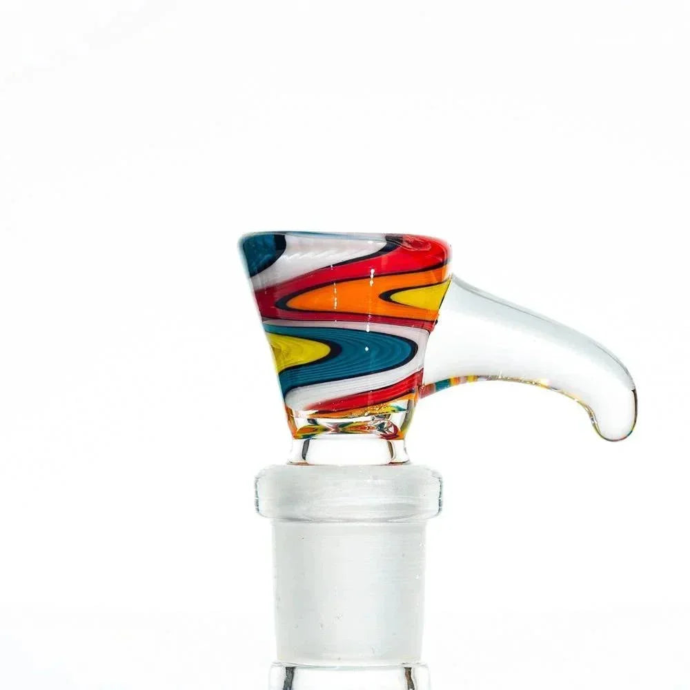 Colorful glass bowl slide with wigwag swirl design and side handle for water pipe