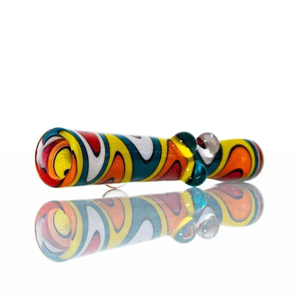 Colorful glass hand pipe with vibrant swirl pattern and clear marble accents