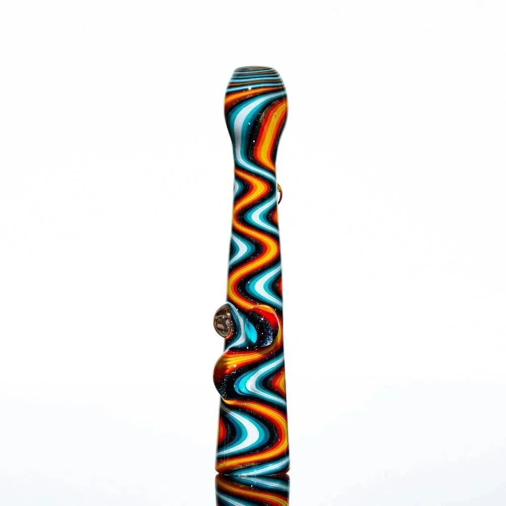 Colorful glass hand pipe with fire and ice wig wag pattern on white background