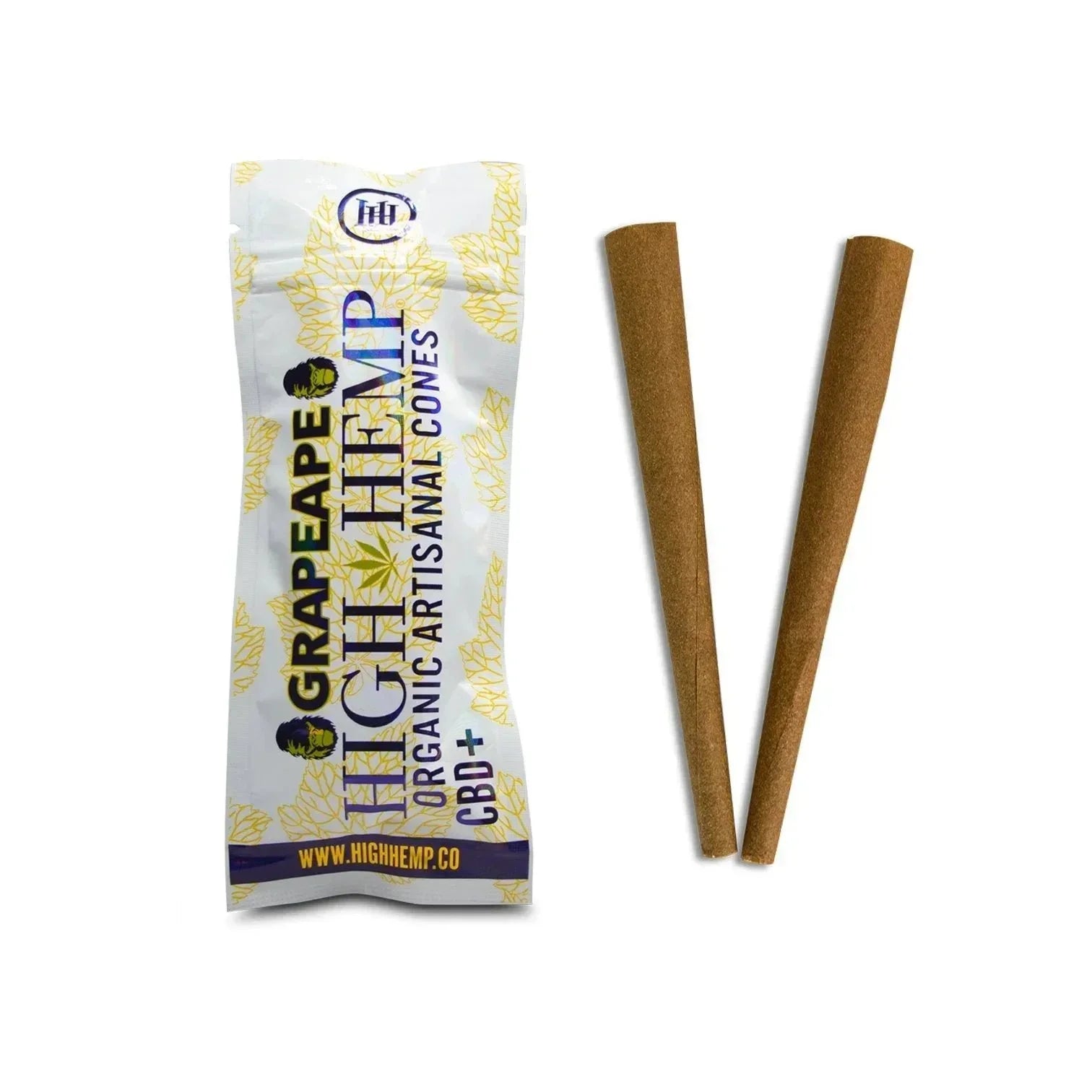 High Hemp Grape Ape organic hemp cones with packaging and two empty pre-rolled cones