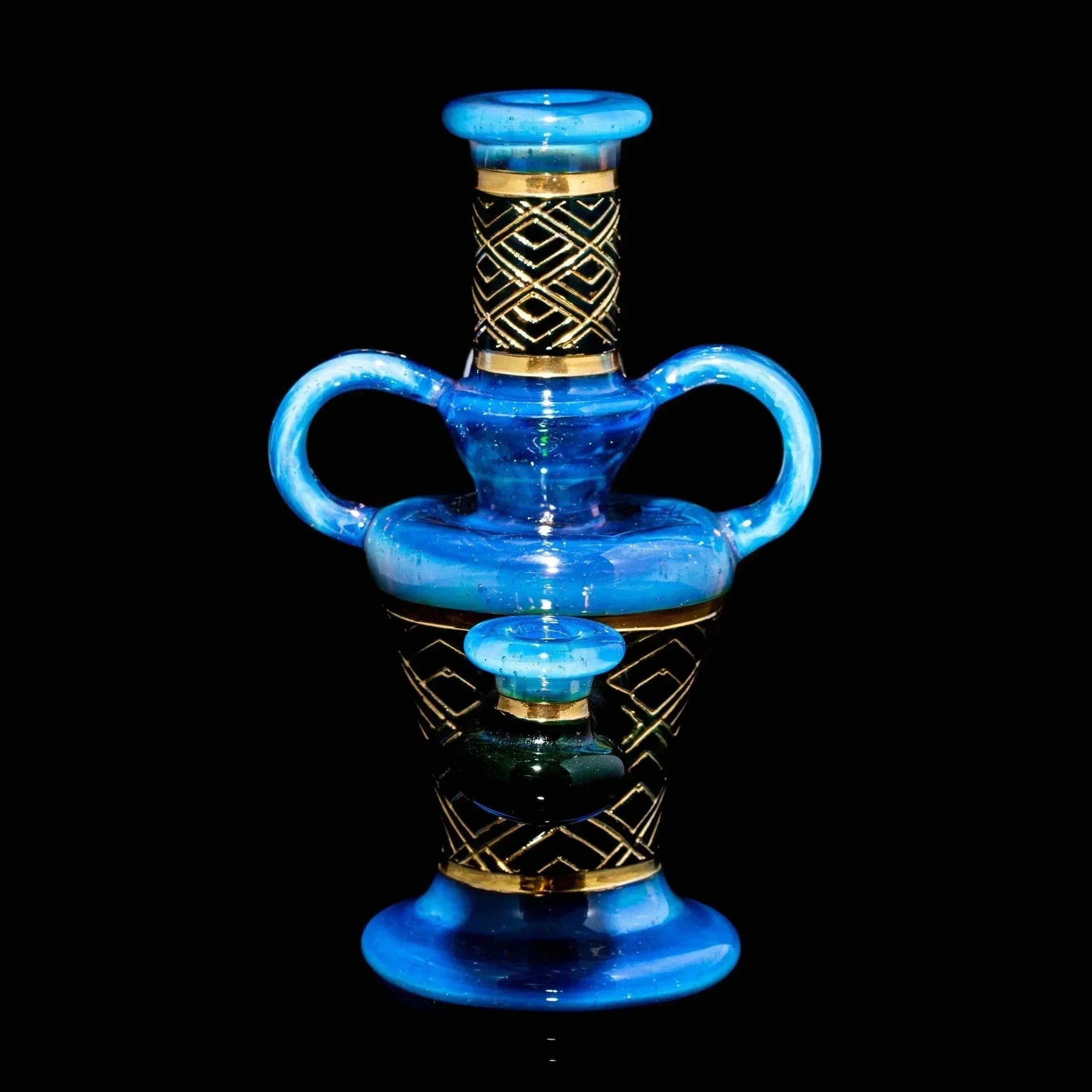Blue art deco glass vessel with gold geometric accents and dual side handles