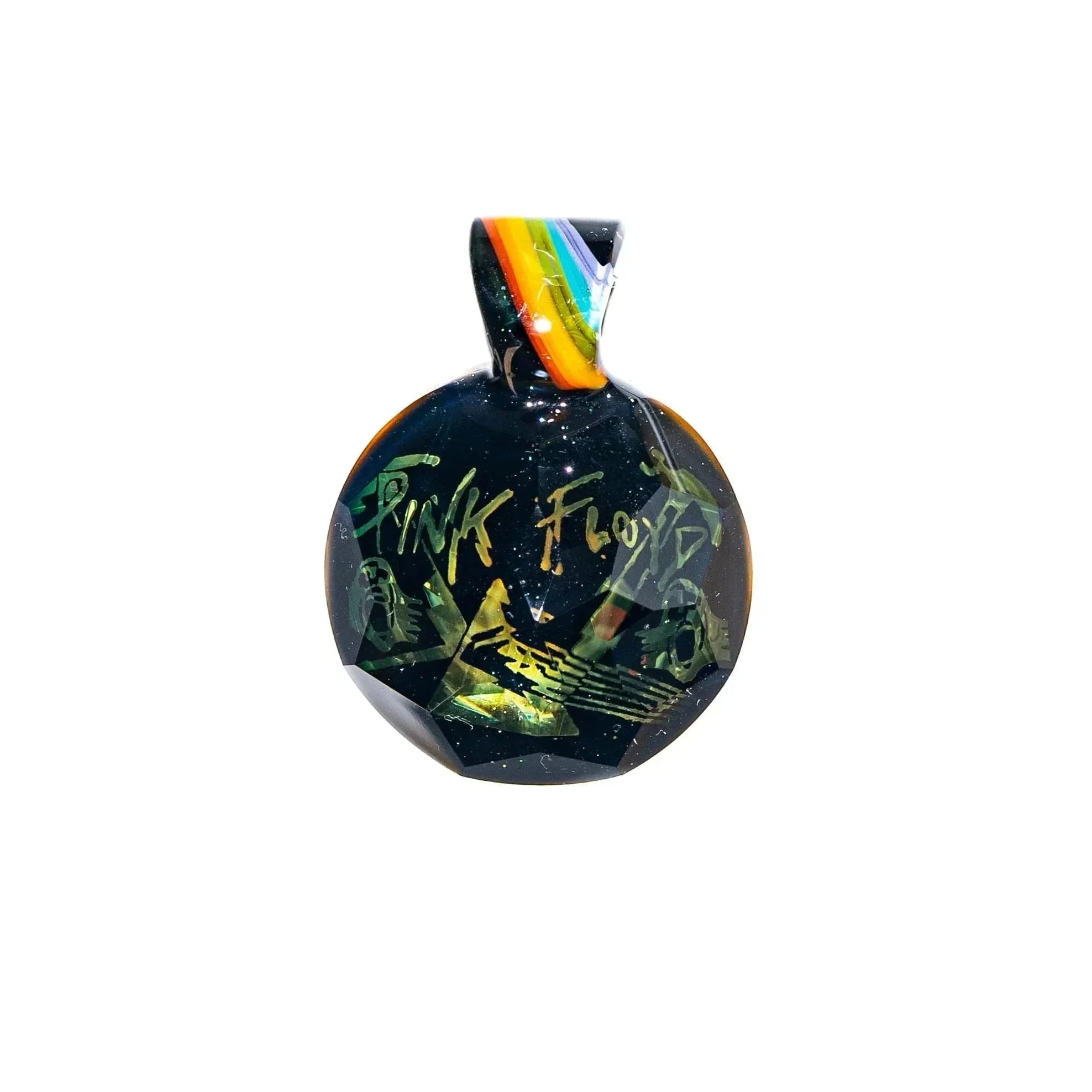 Handmade glass pendant with Pink Floyd text, prism art, and rainbow design