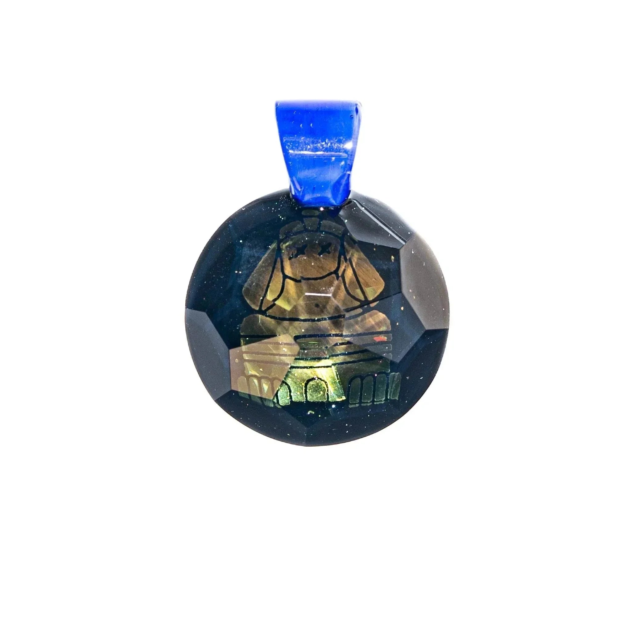 Handcrafted glass pendant with etched Sphynx cat and Nebu design, blue bail, on white background