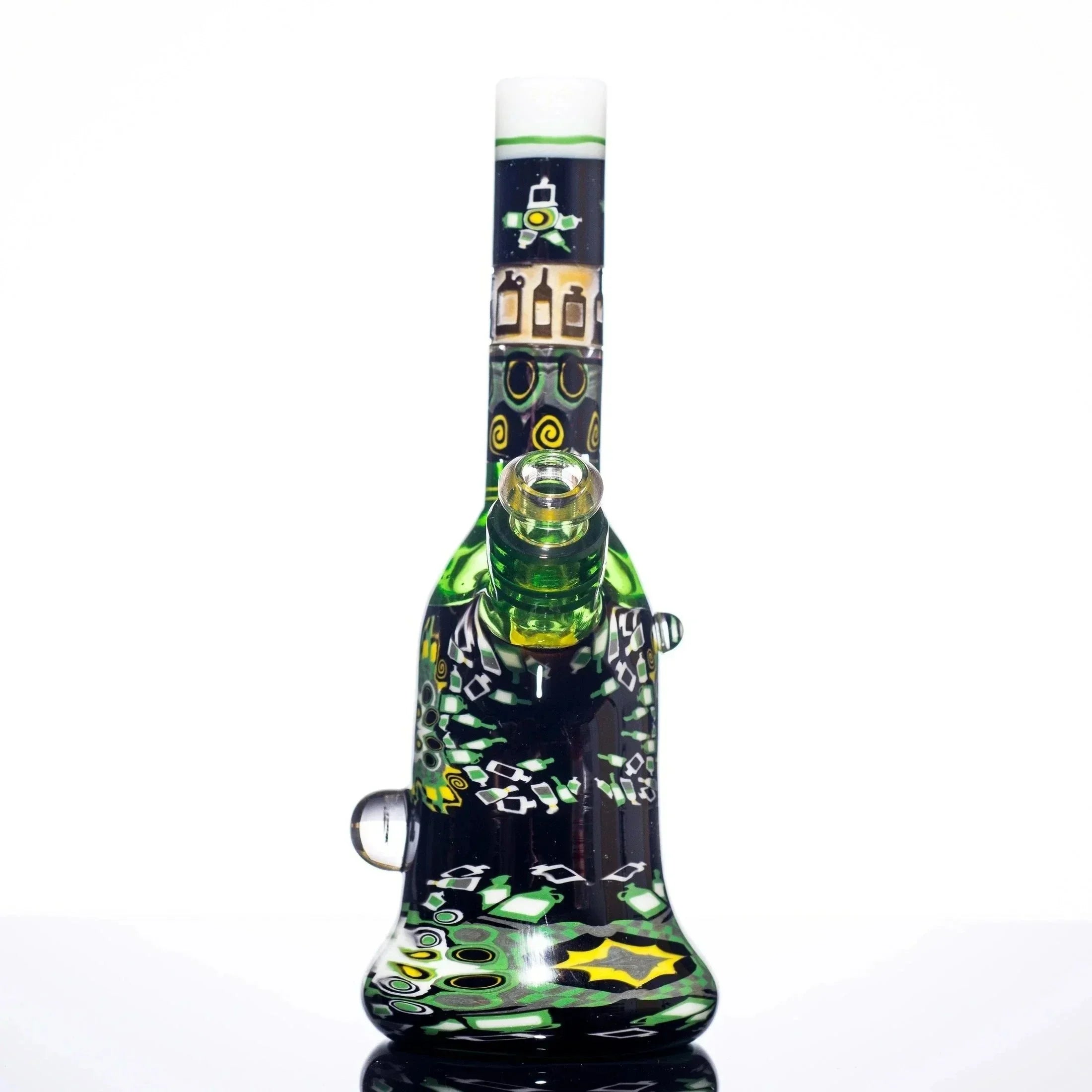 Colorful green and black glass bong with intricate patterns and dual chambers, ideal for heady glass collectors.
