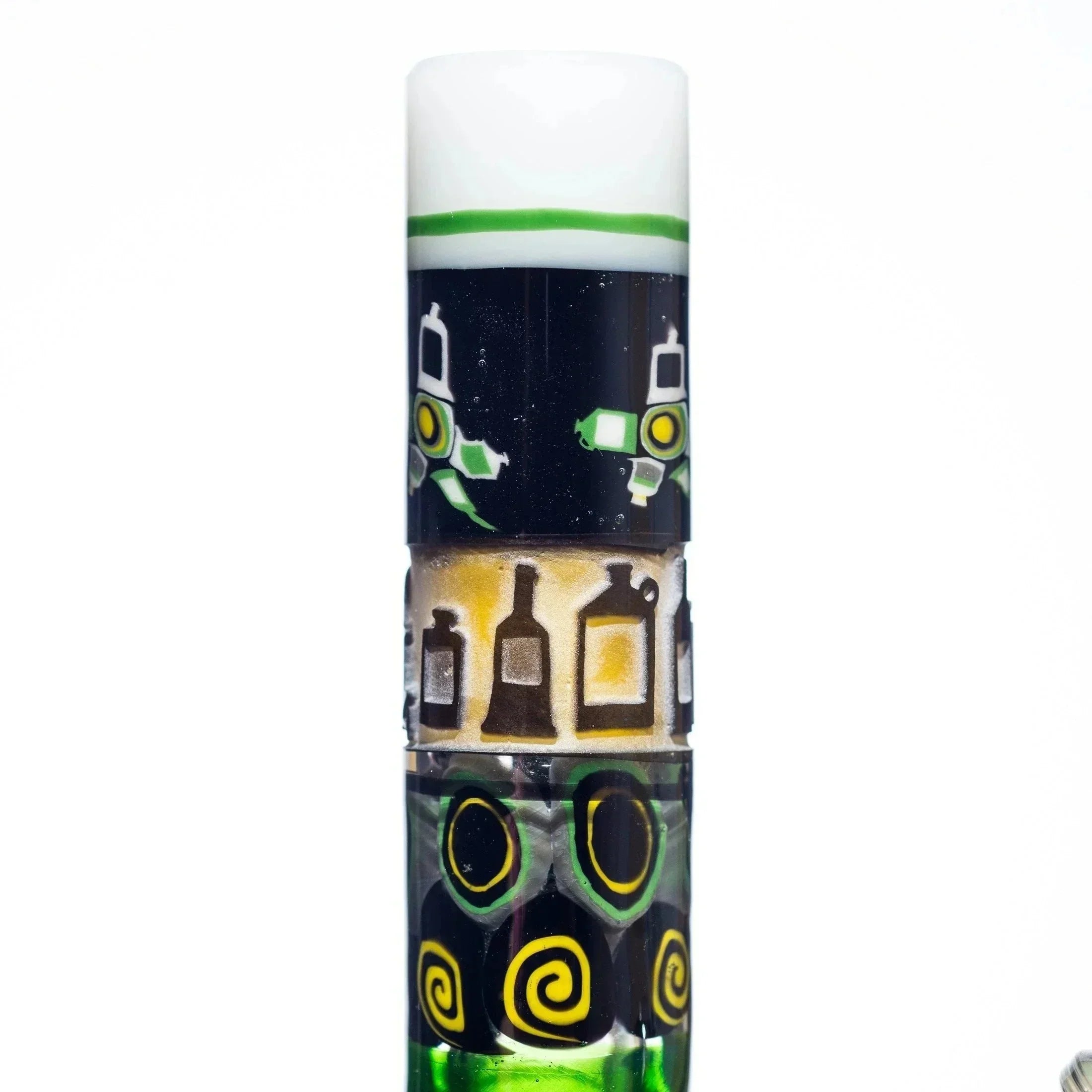 Artistic glass pipe with robot, bottle, and spiral designs in green, yellow, black, and white.