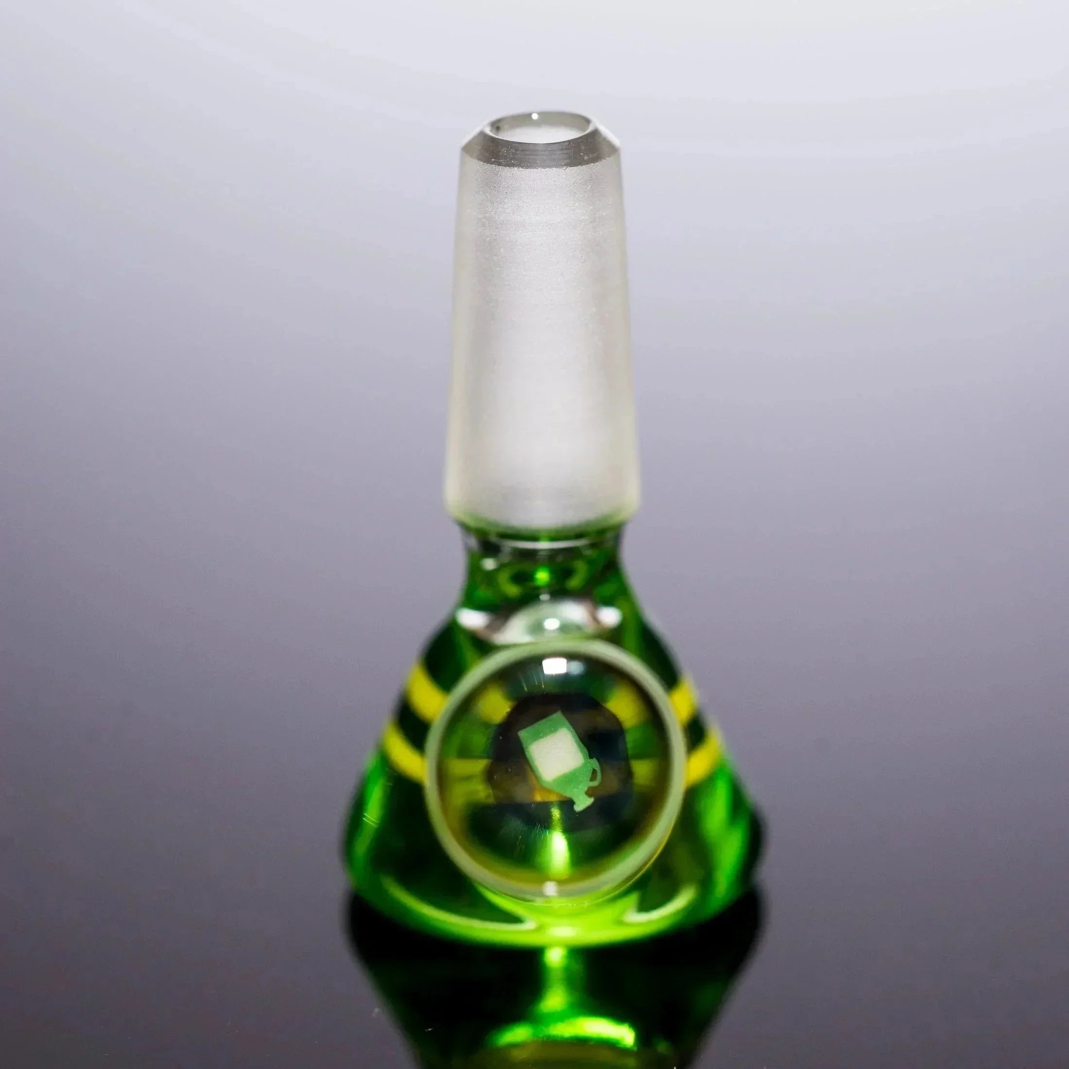 Green and yellow striped glass bubbler with frosted mouthpiece and embedded logo, ideal for vaporizers and heady glass collections.