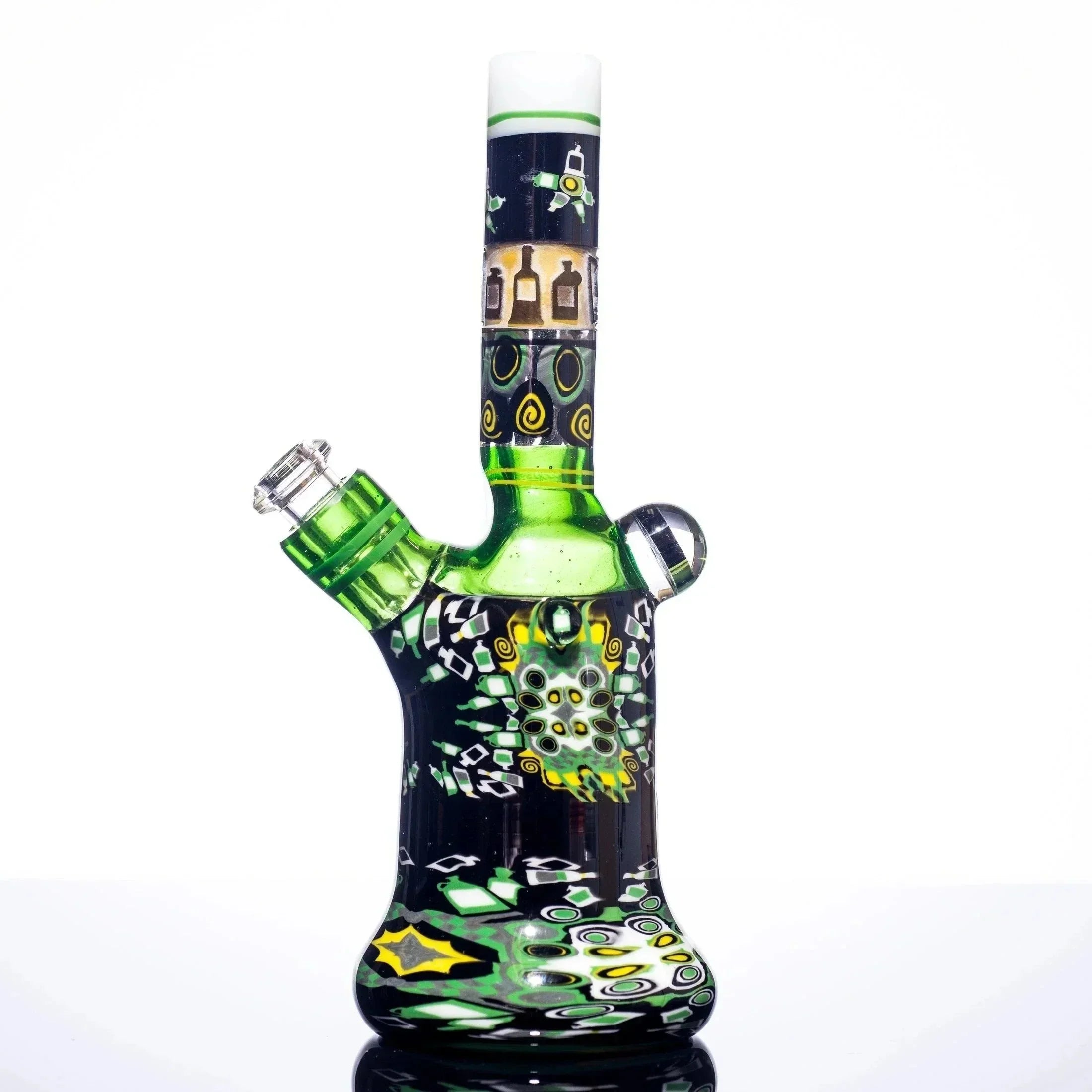 Vibrant green and black heady glass bong with intricate bottle and swirl designs, premium smoking accessory