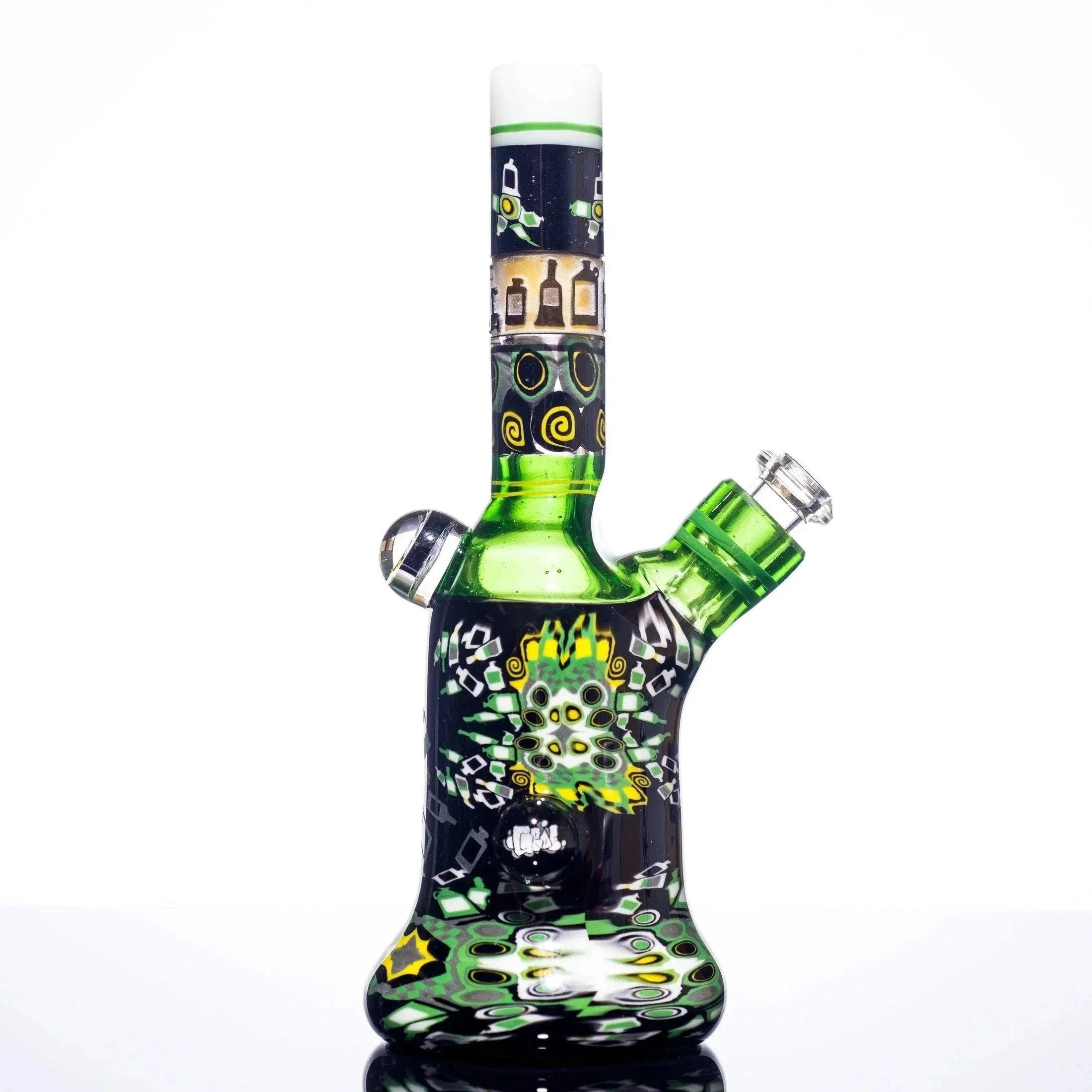 Vibrant green and black heady glass bong with intricate swirls and bottle designs, featuring a clear glass bowl and downstem.