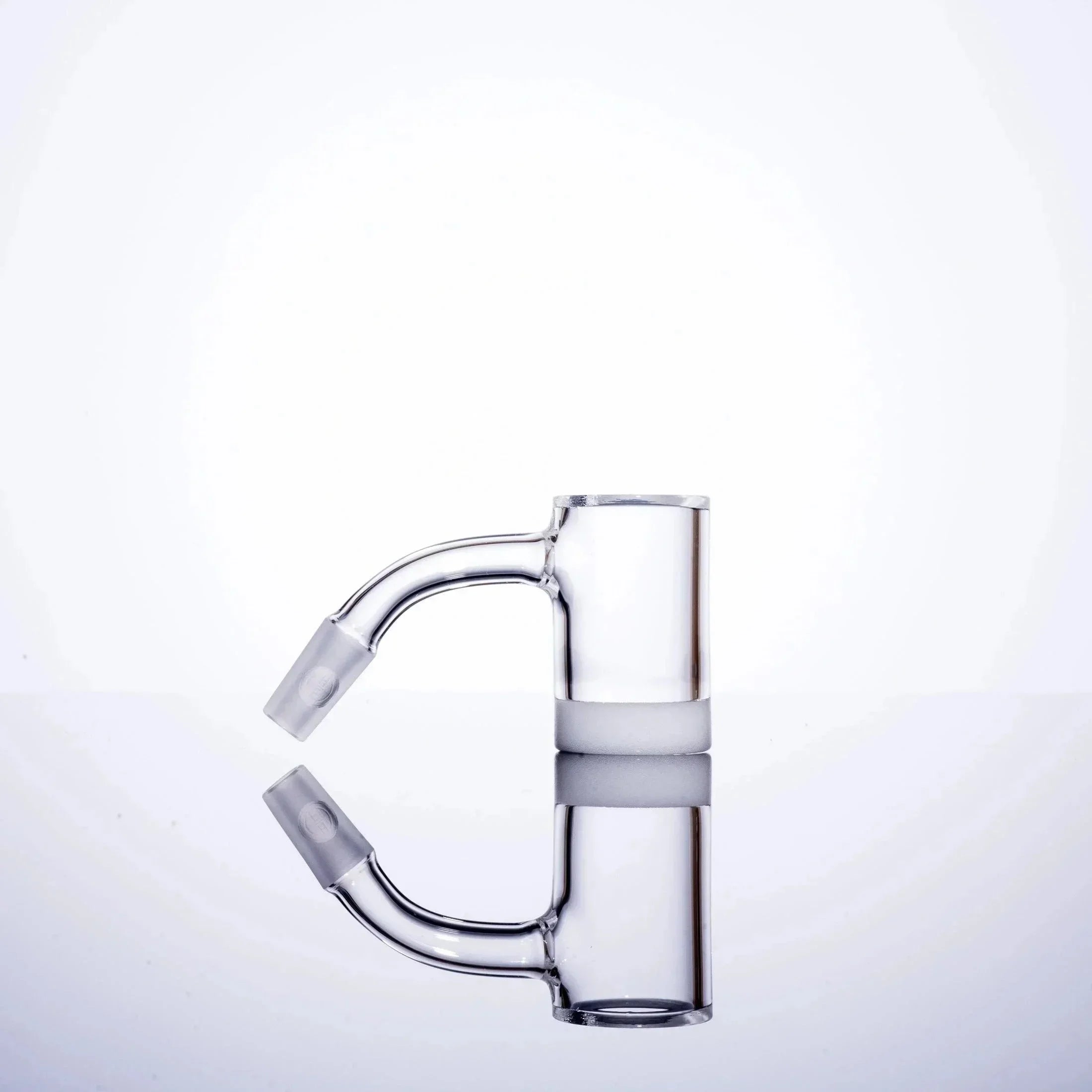 Clear glass dab rig with curved arm and frosted band, ideal for vaporizers and heady glass collections