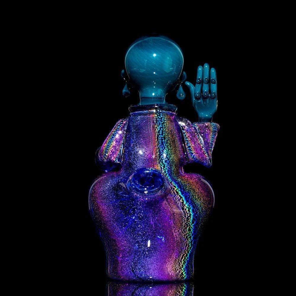 Colorful dichroic glass Buddha figure water pipe with shimmering rainbow finish on black background