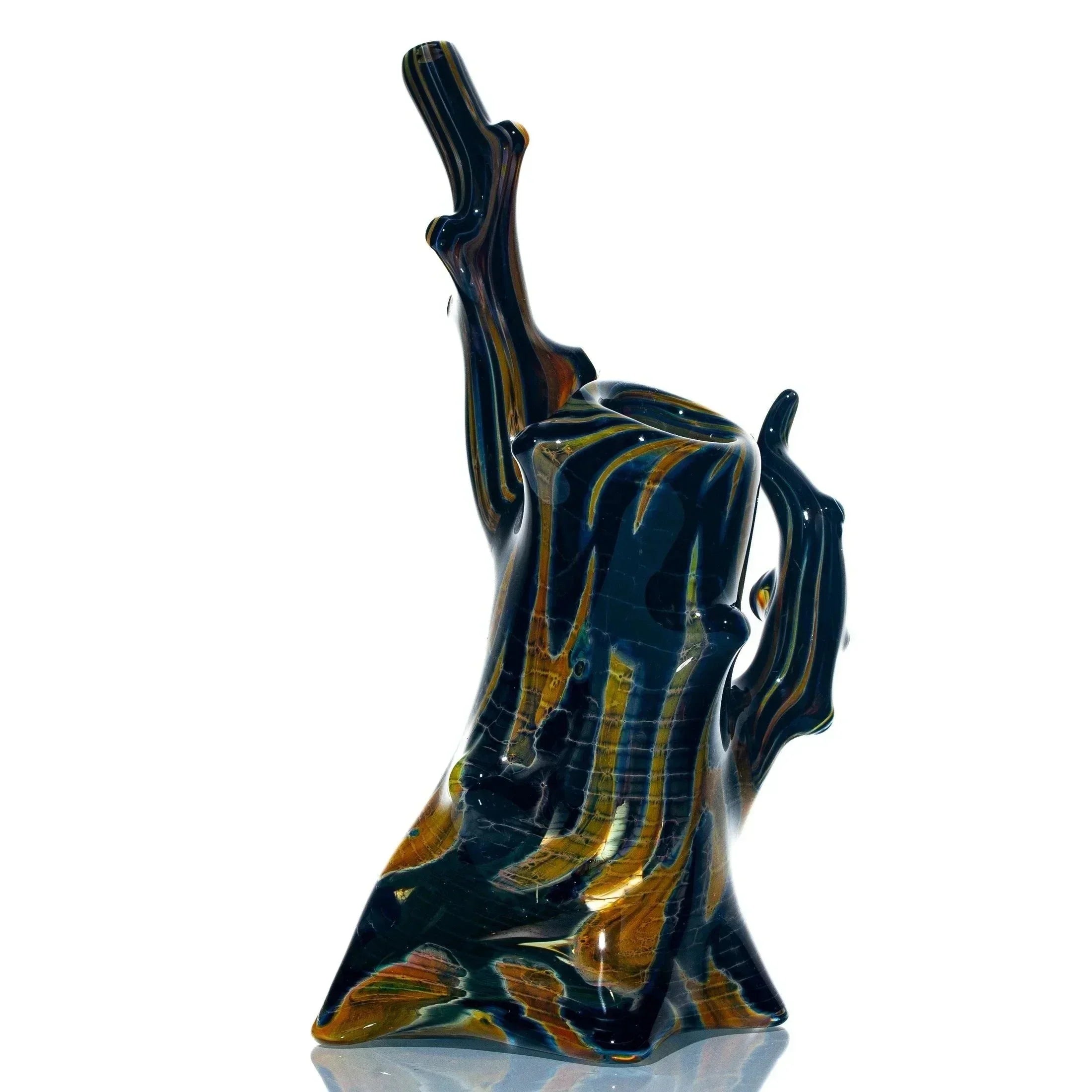 Hand-blown glass bubbler shaped like a burnt hickory tree trunk with artistic wood grain details