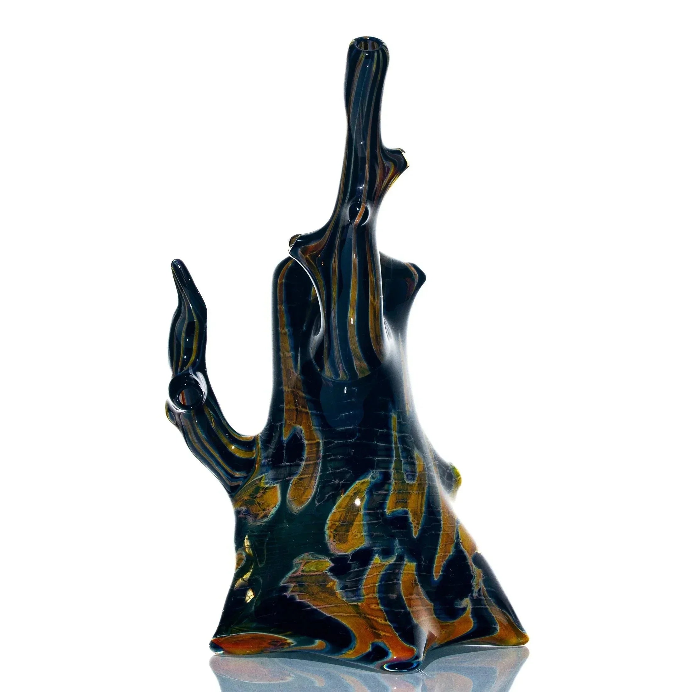Handblown glass bubbler with a tree-like shape and swirling brown and blue colors
