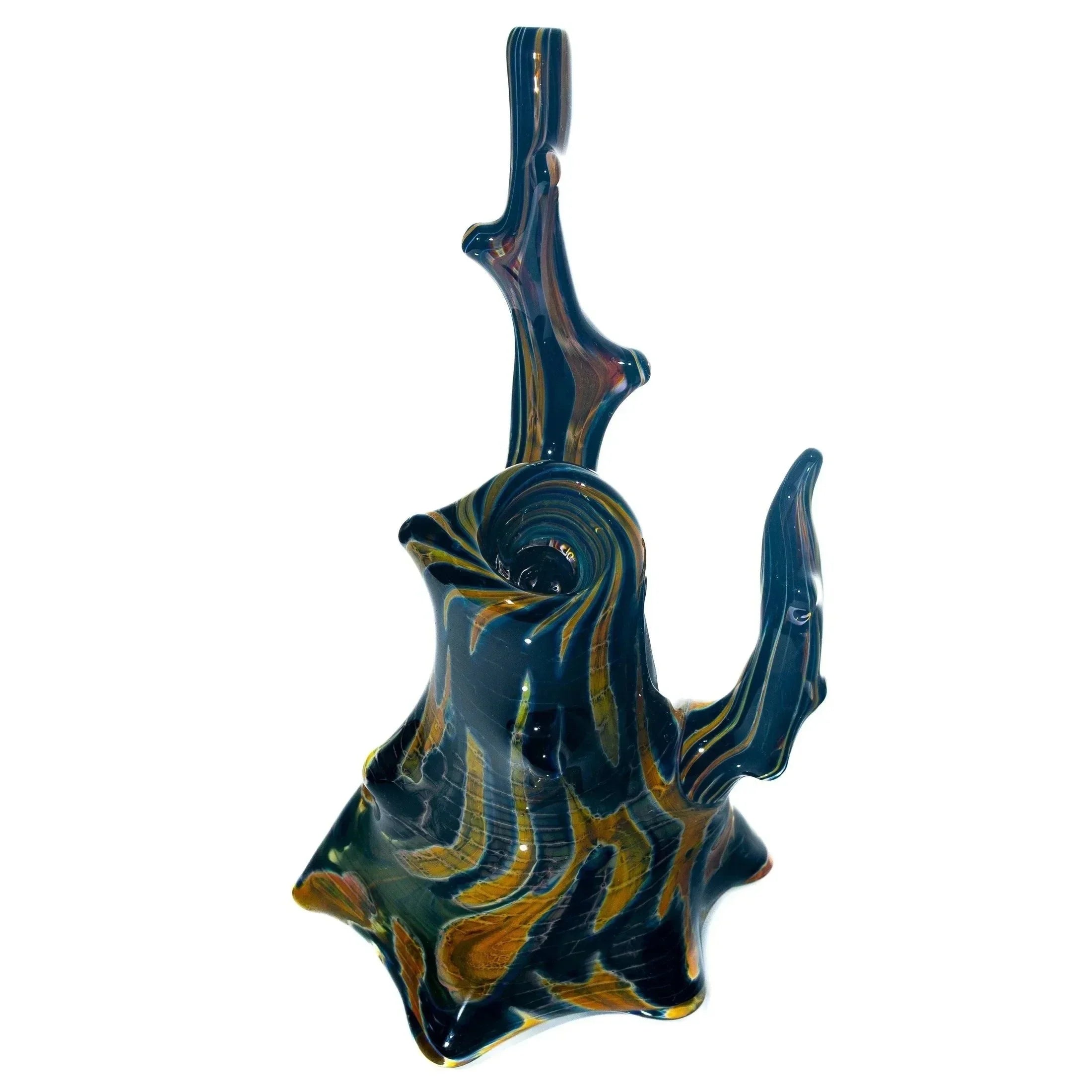 Handblown glass bubbler with swirling blue, gold, and orange colors, unique sculpted shape