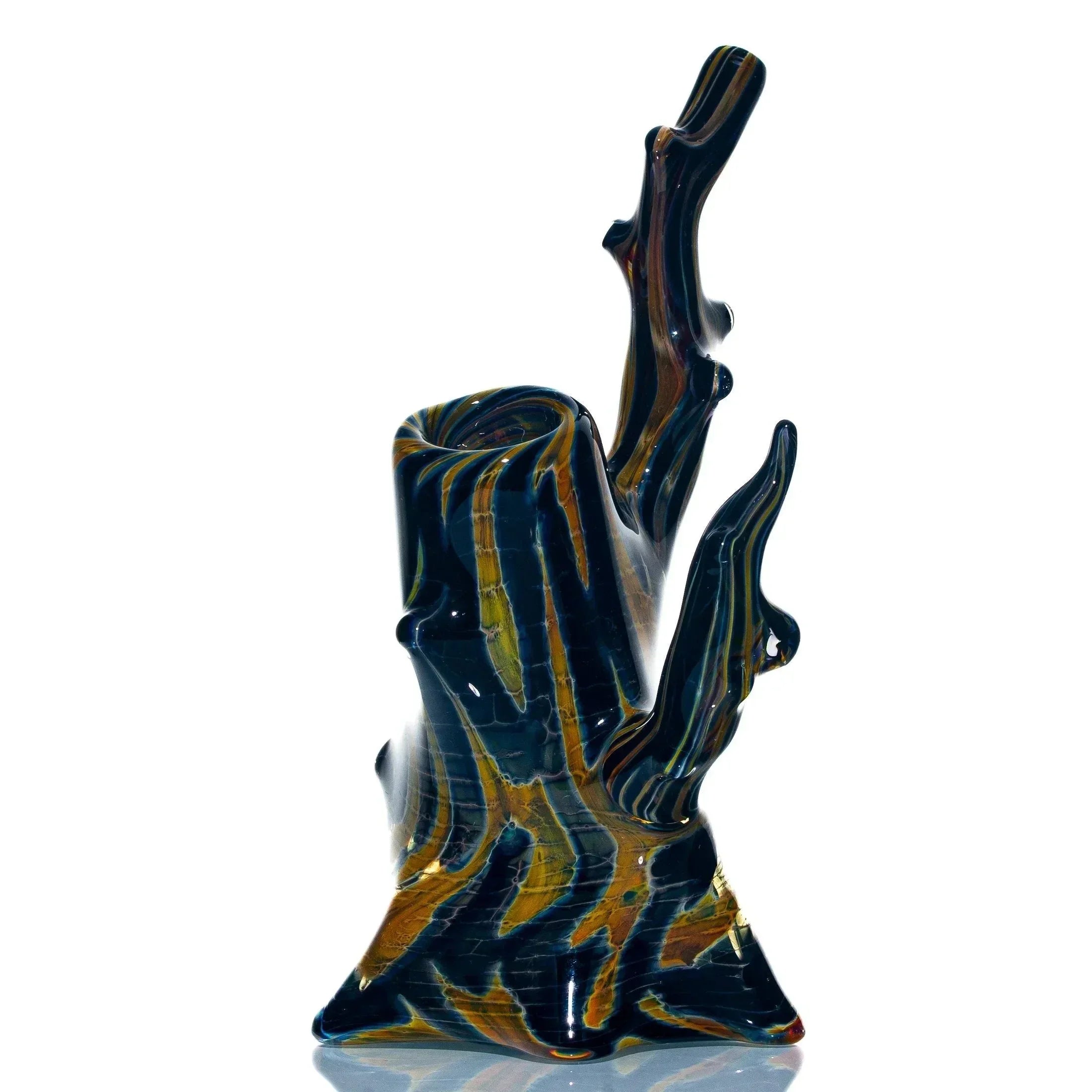 Hand-blown glass bubbler with hickory burnt wood pattern, unique sculpted shape