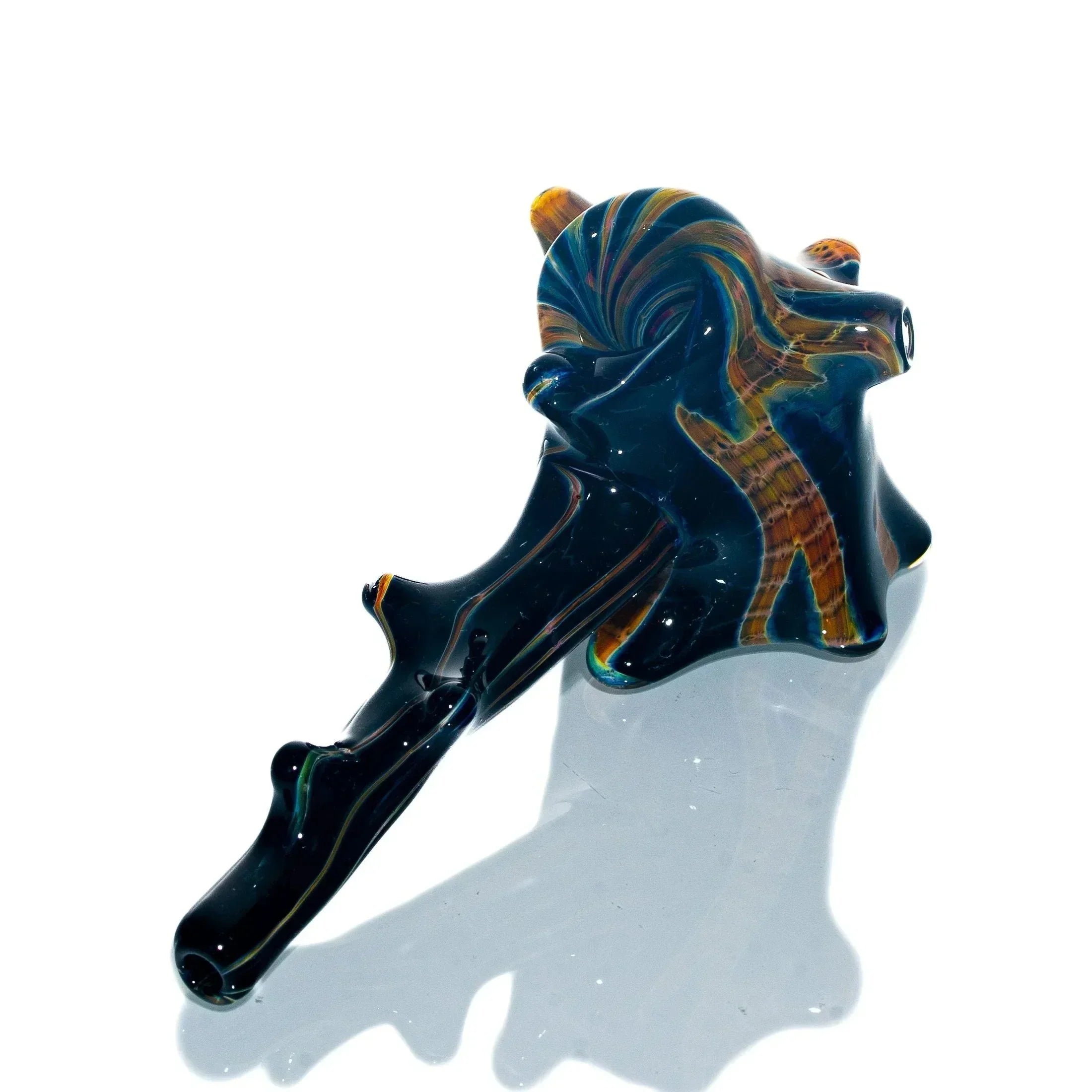 Hand-blown glass hammer pipe with hickory and amber swirl design on white background