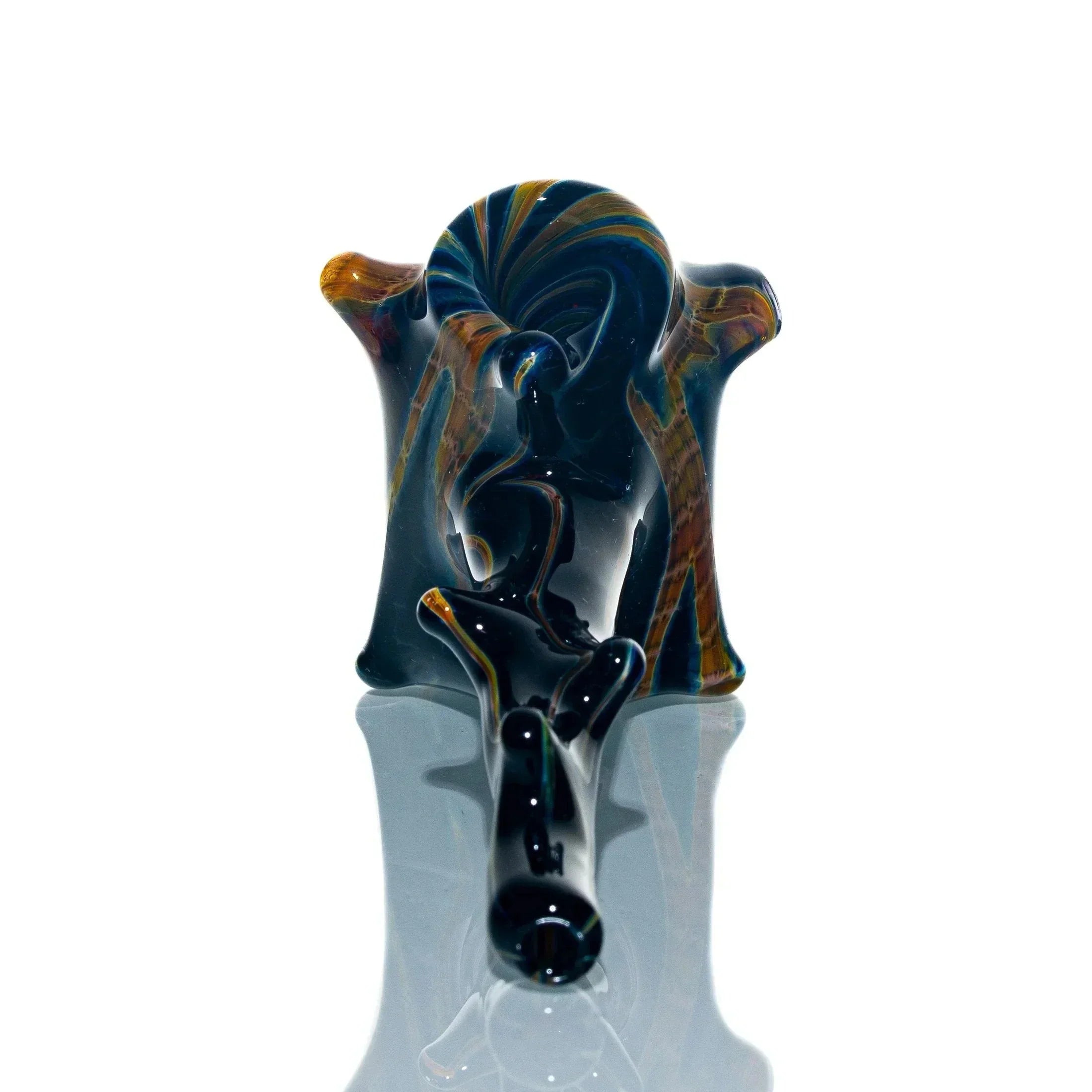 Colorful hand-blown glass pipe with swirled blue, orange, and brown design on white background