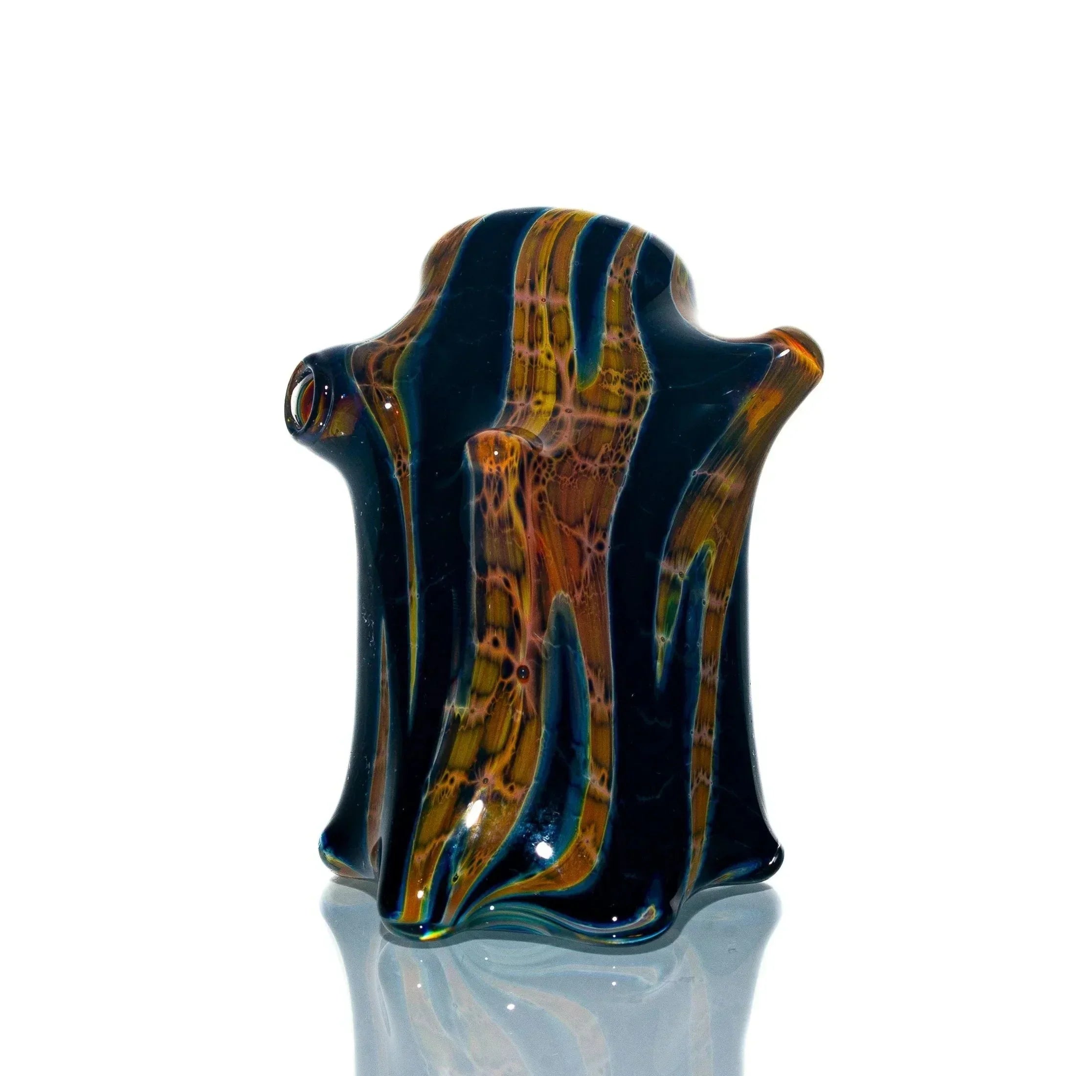Hand-blown glass hammer pipe with burnt hickory pattern and unique wavy design on white.