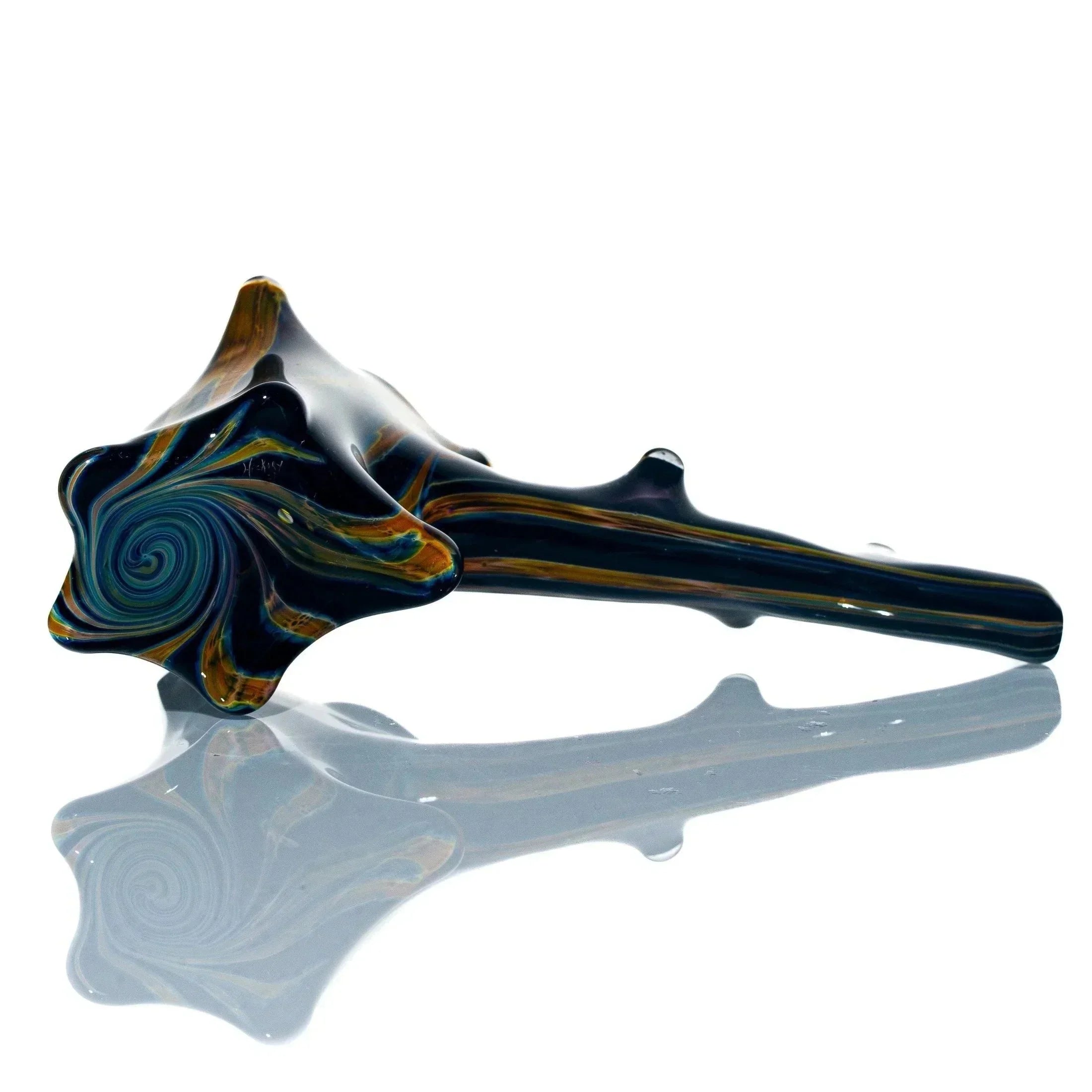 Colorful swirling glass hand pipe with star-shaped bowl and hickory, burnt orange accents