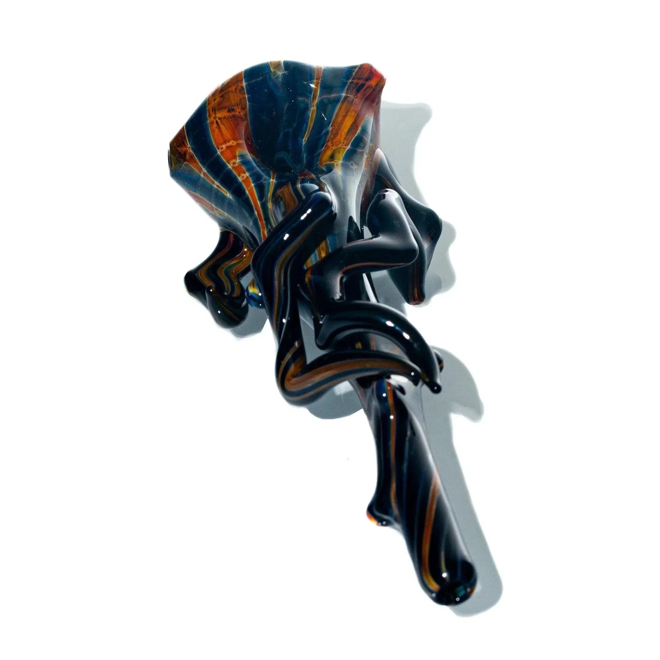 Handblown glass spoon pipe with burnt hickory branch design on white background