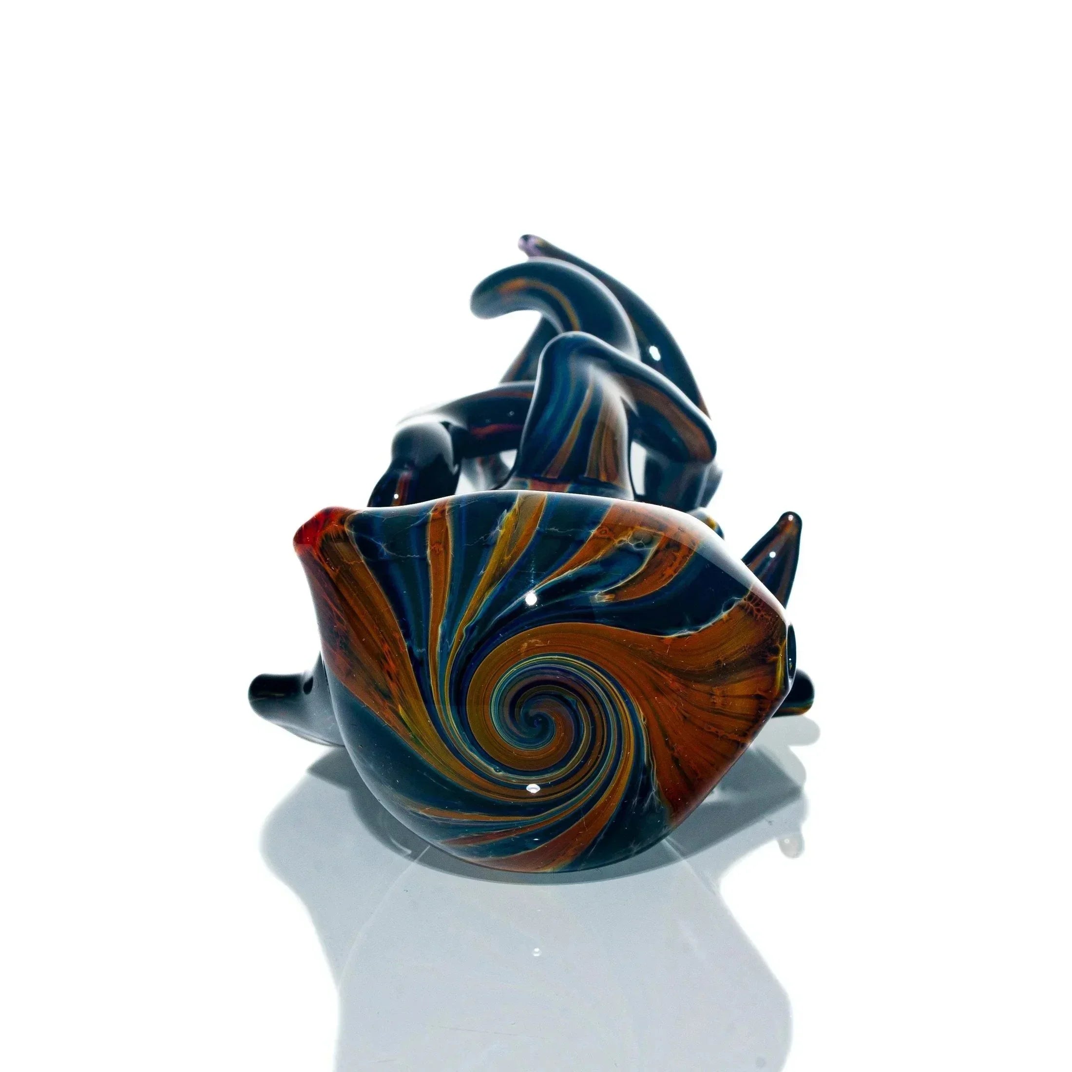 Colorful glass hand pipe with swirling blue and orange design, artistic smoking accessory